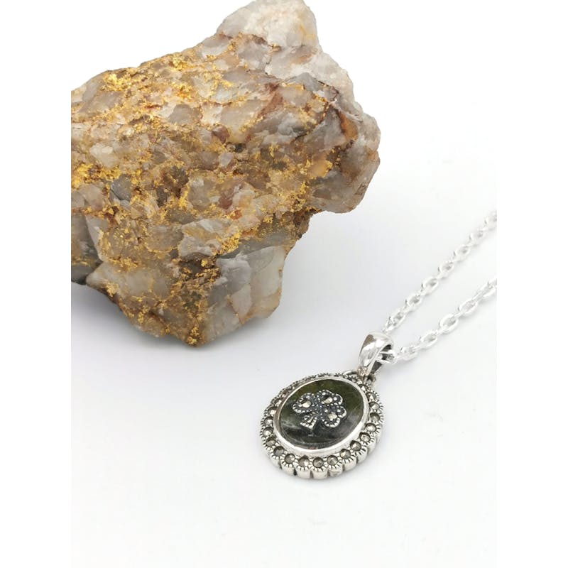 Womens Shamrock & Connemara Marble Necklace in Real Sterling Silver. Pictured Flat.