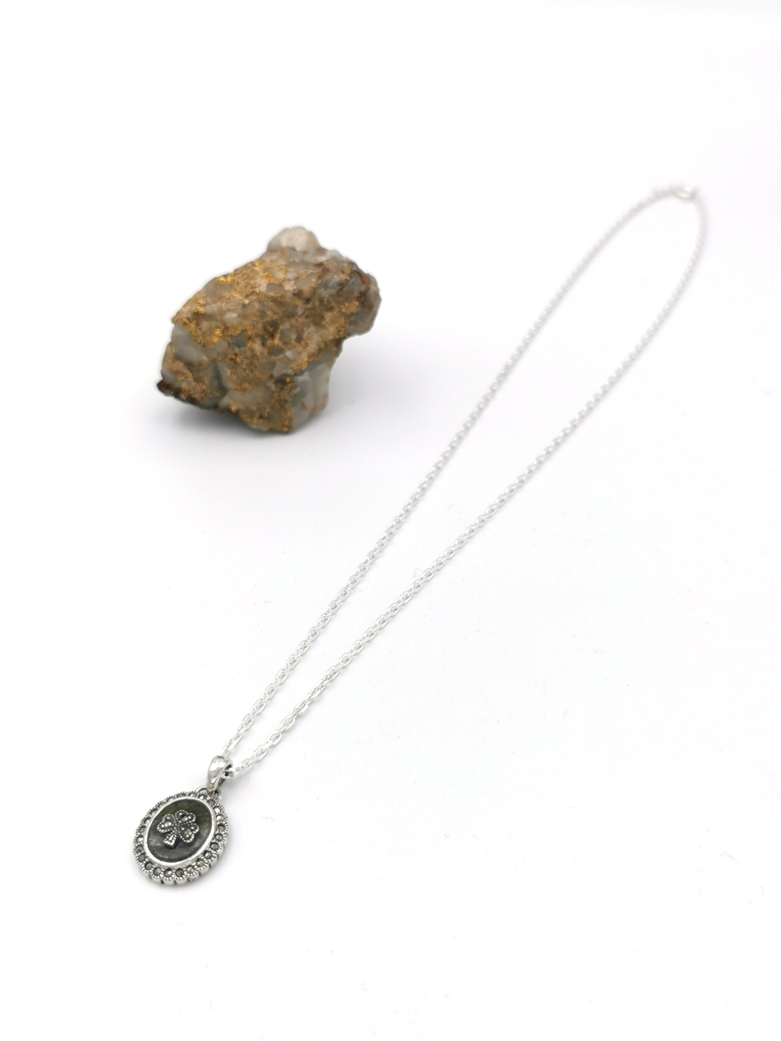 Womens Shamrock & Connemara Marble Necklace in Sterling Silver