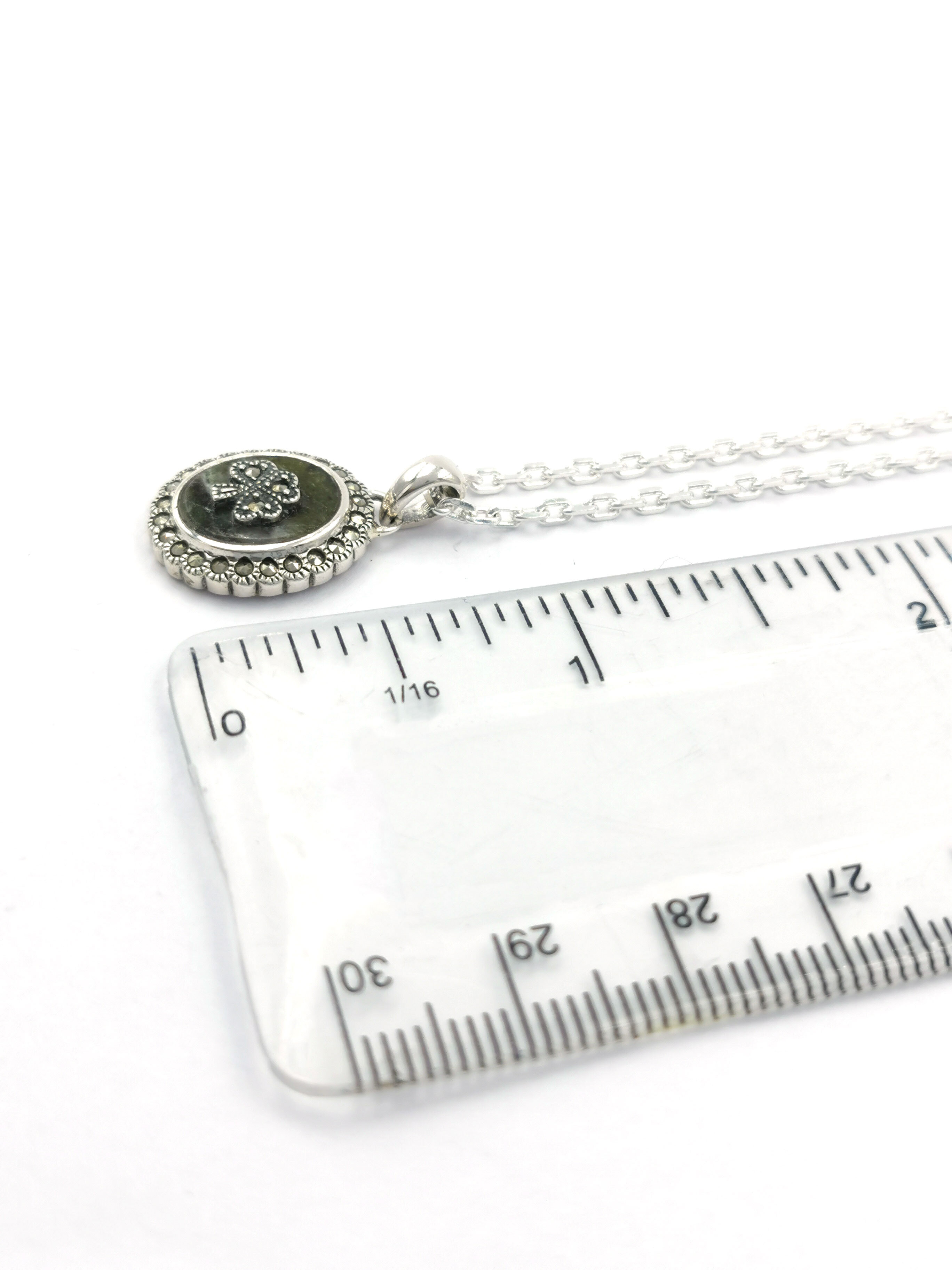 Real Sterling Silver Shamrock & Connemara Marble Necklace For Women. Picture For Scale.