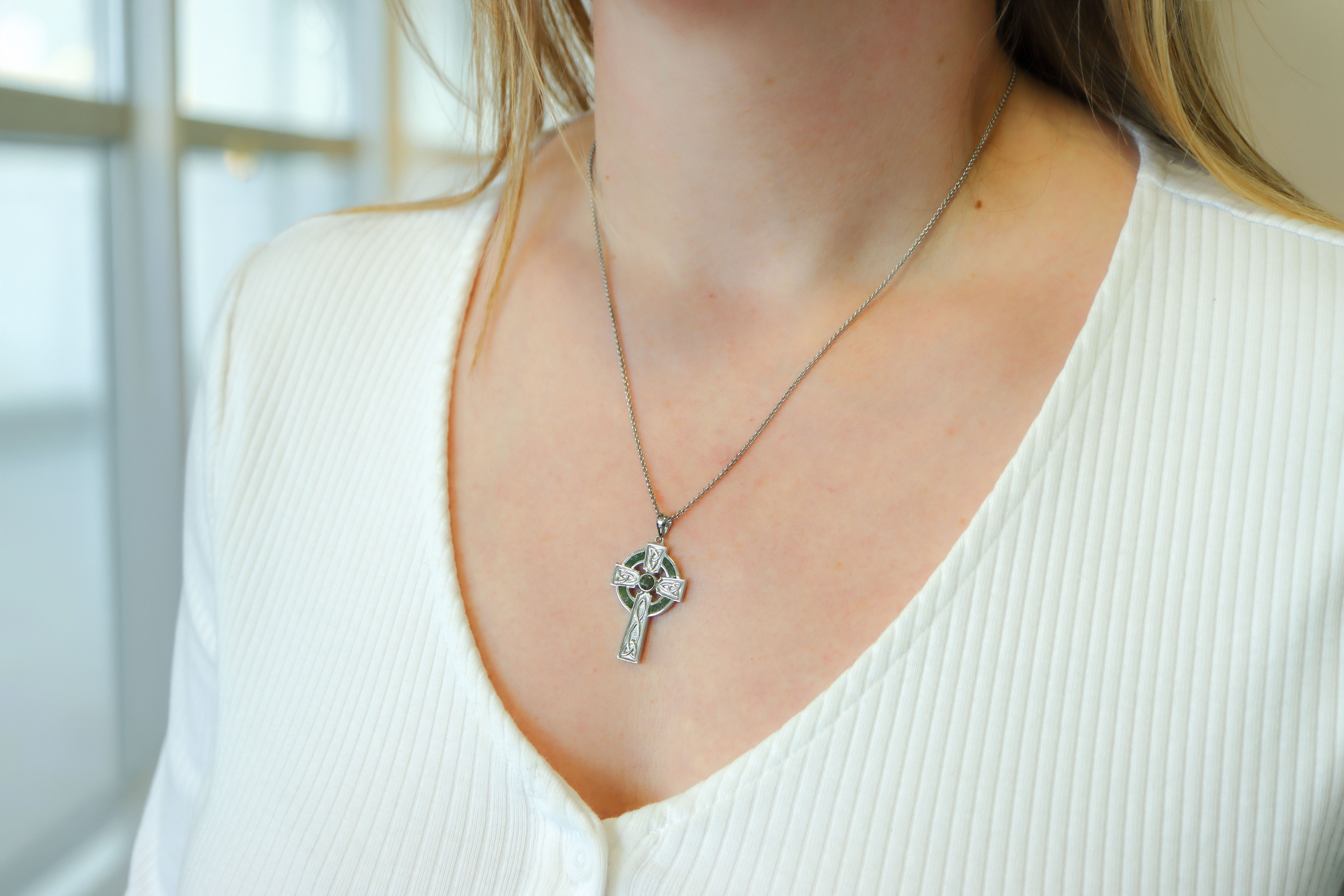 Silver Connemara Marble Set Celtic Cross Necklace 1pt 5 inch ladies model