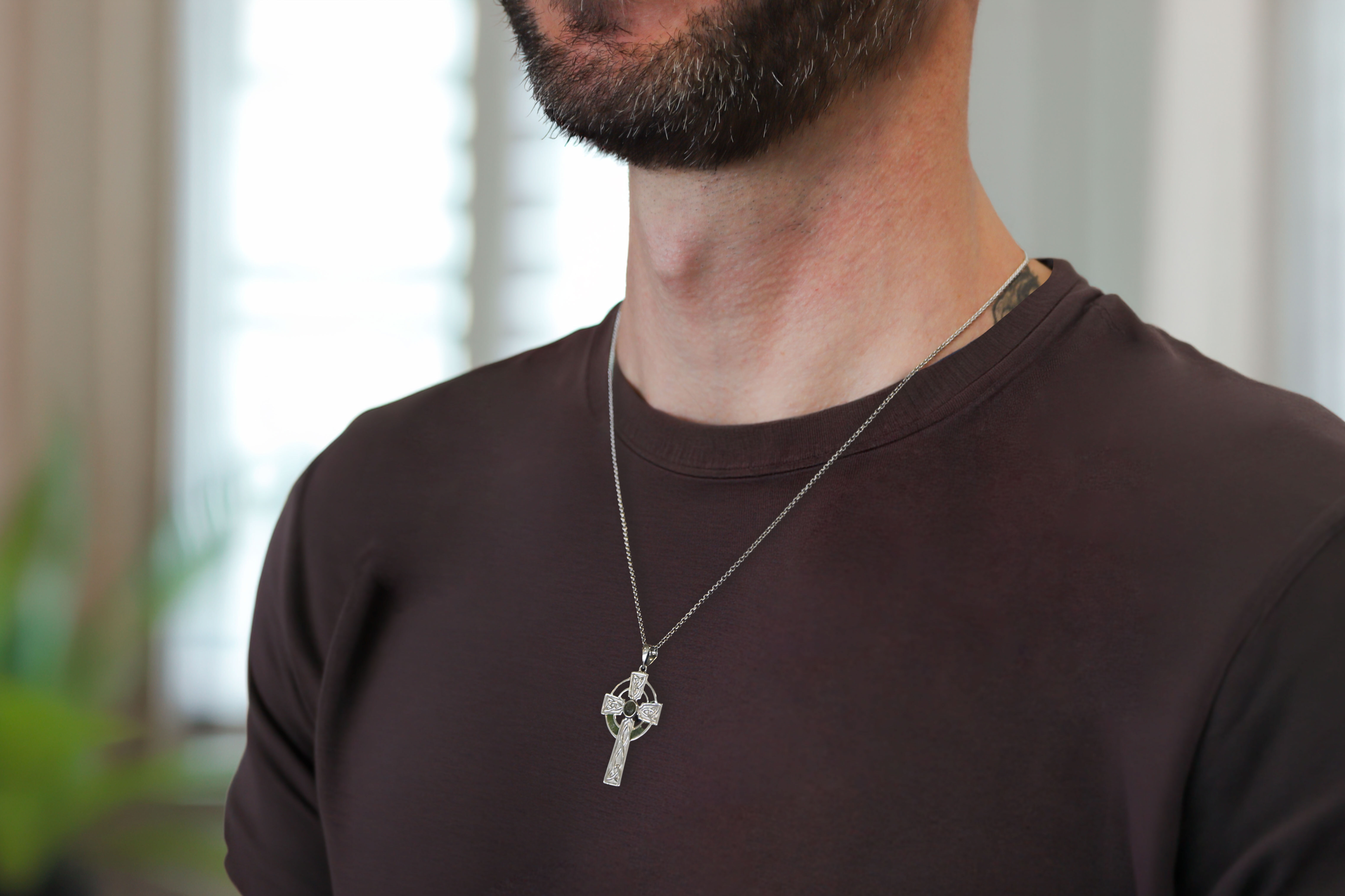 Silver Connemara Marble Set Celtic Cross Necklace 1pt 5 inch mens model