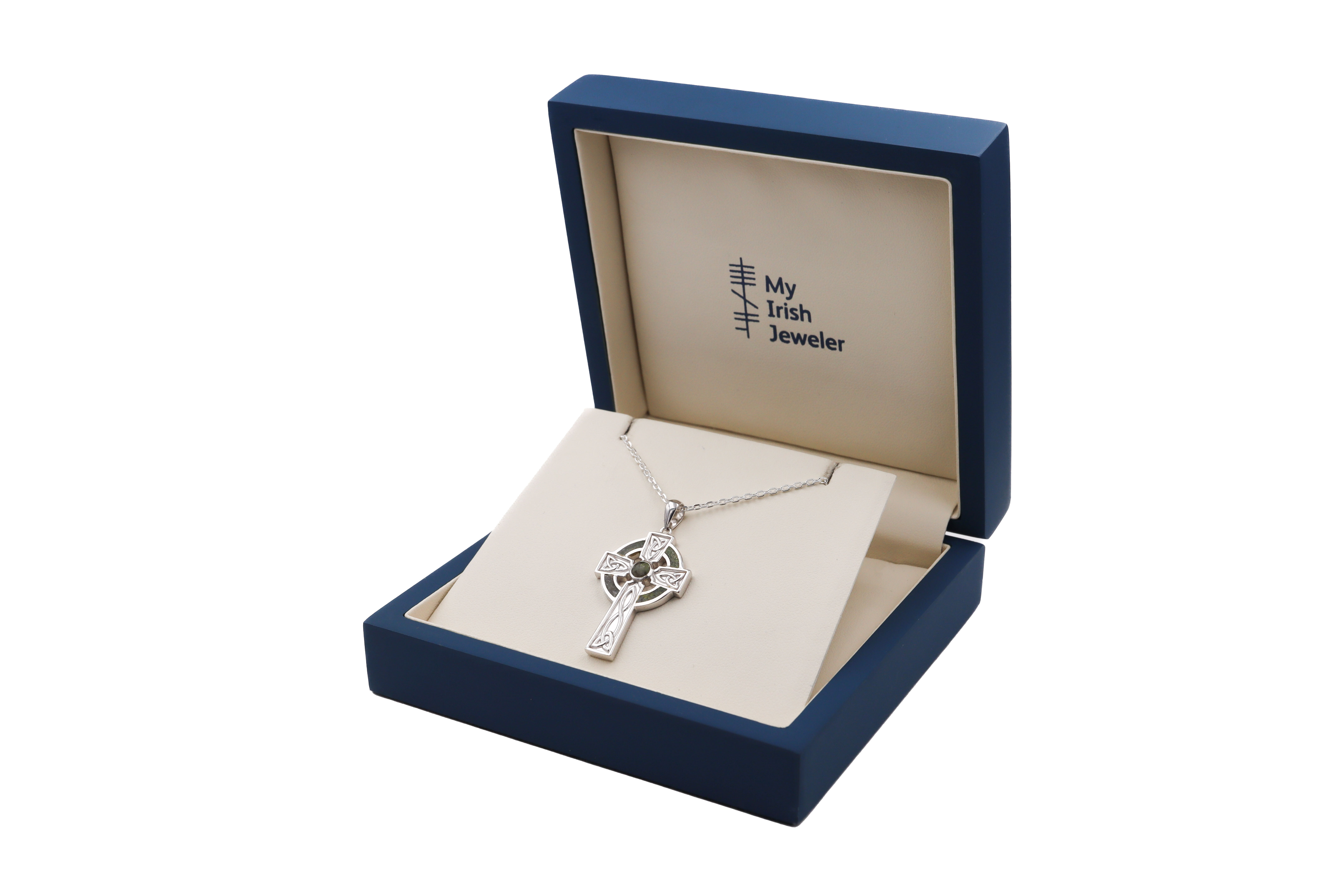 Attractive Sterling Silver Celtic Cross & Connemara Marble Necklace. In Luxury Packaging.