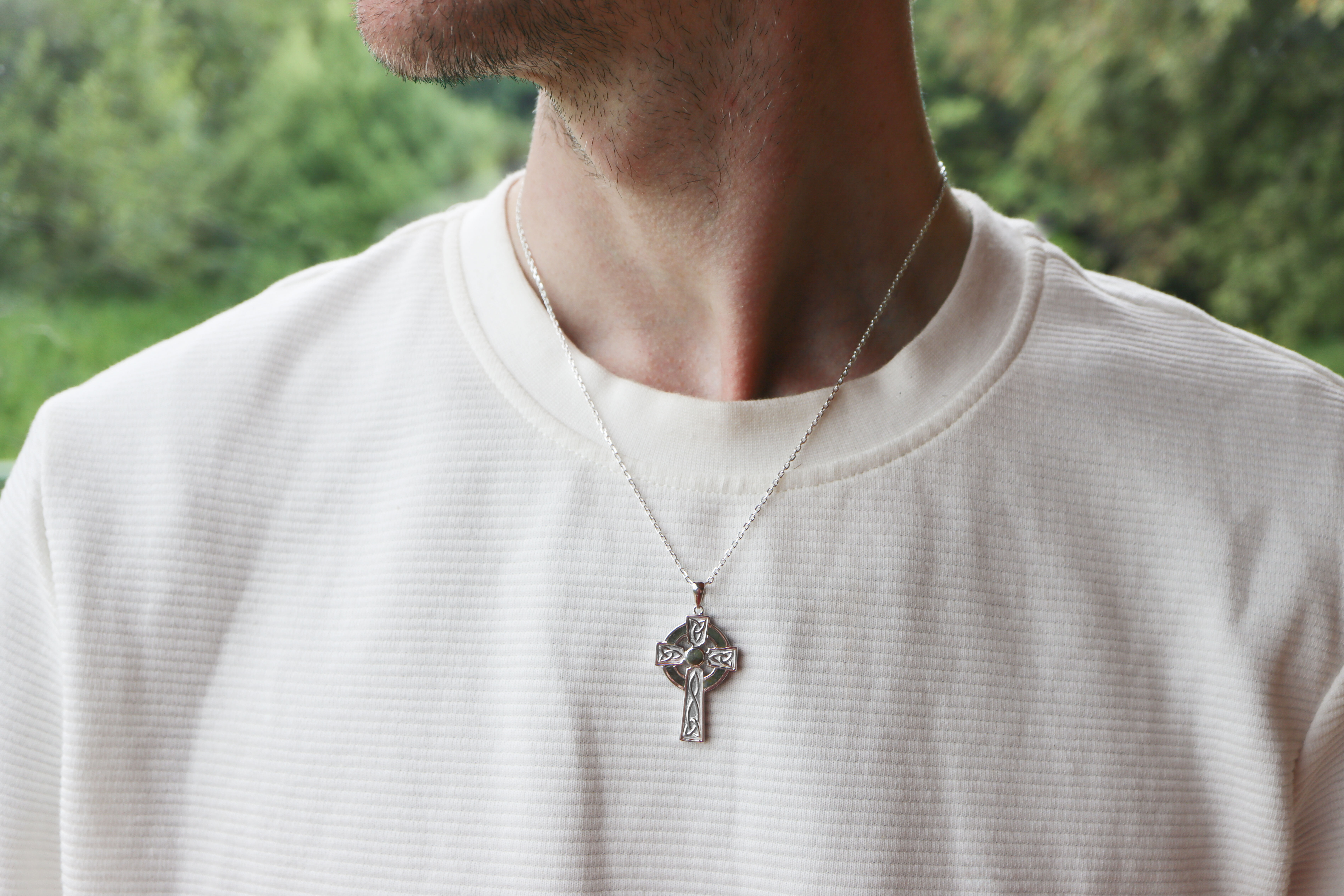 Celtic Cross & Connemara Marble Necklace in Real Sterling Silver - Model Photo