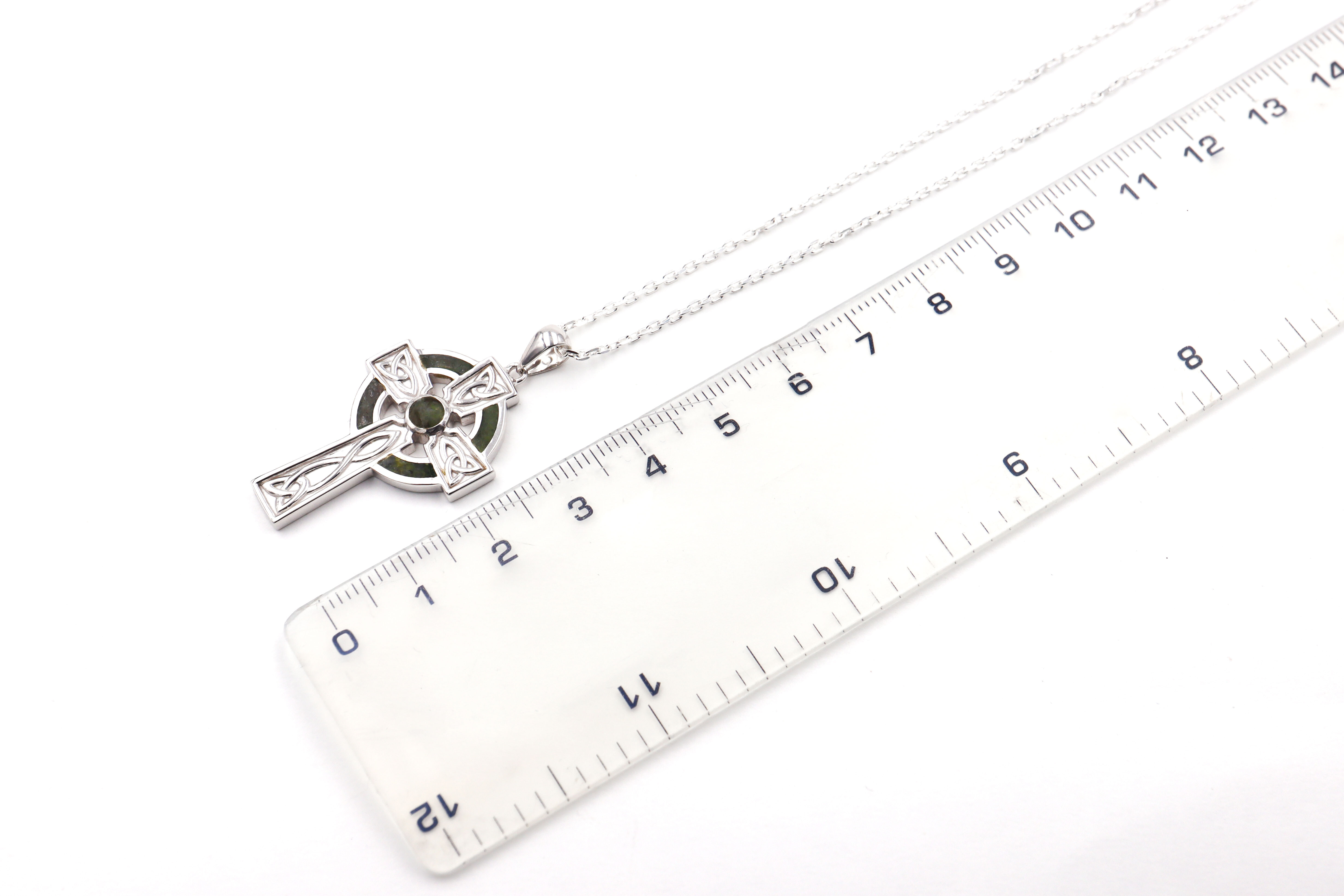 Genuine Sterling Silver Celtic Cross & Connemara Marble Necklace. Picture For Scale.