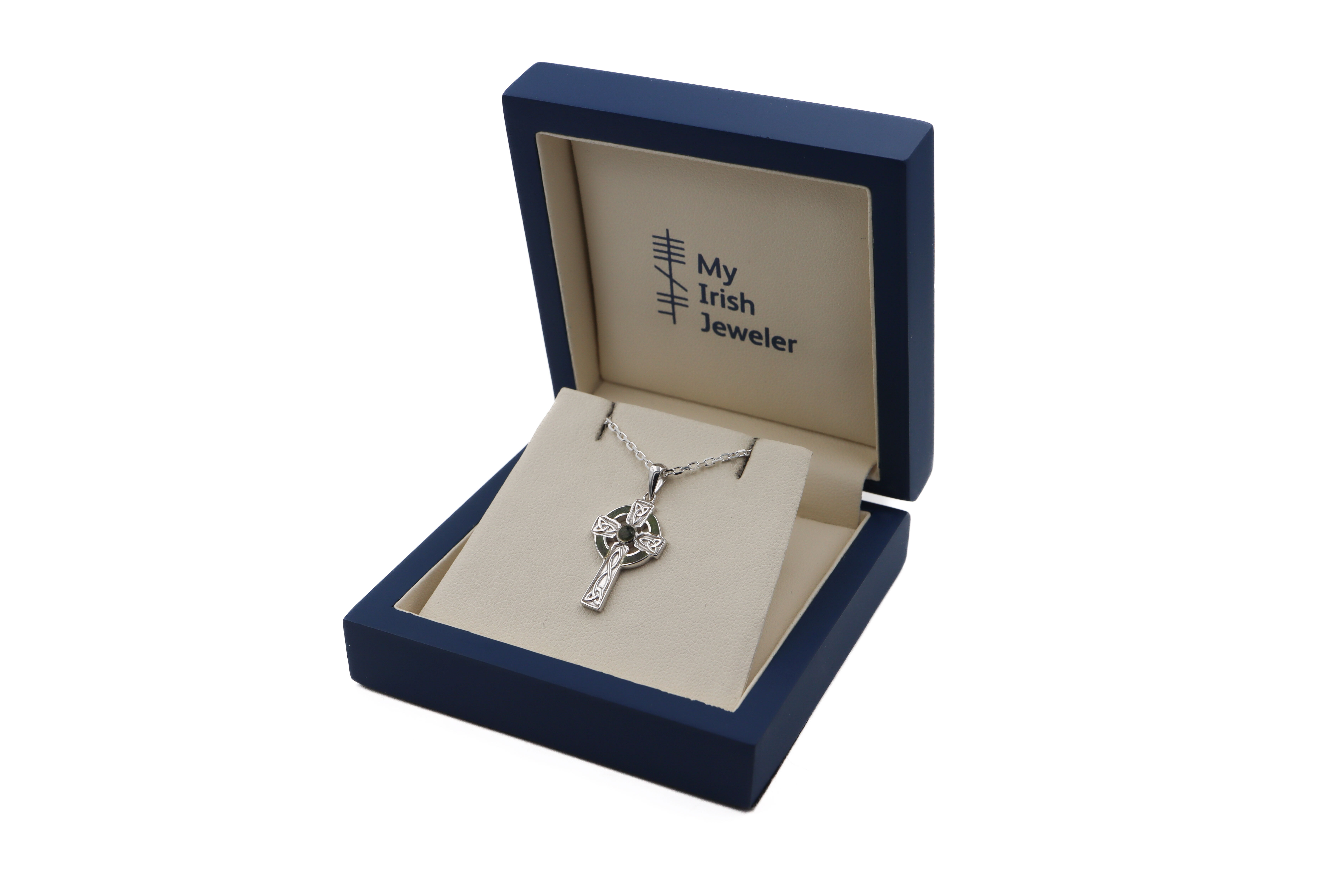 Authentic Sterling Silver Celtic Cross & Connemara Marble Necklace For Women. In Luxury Packaging.