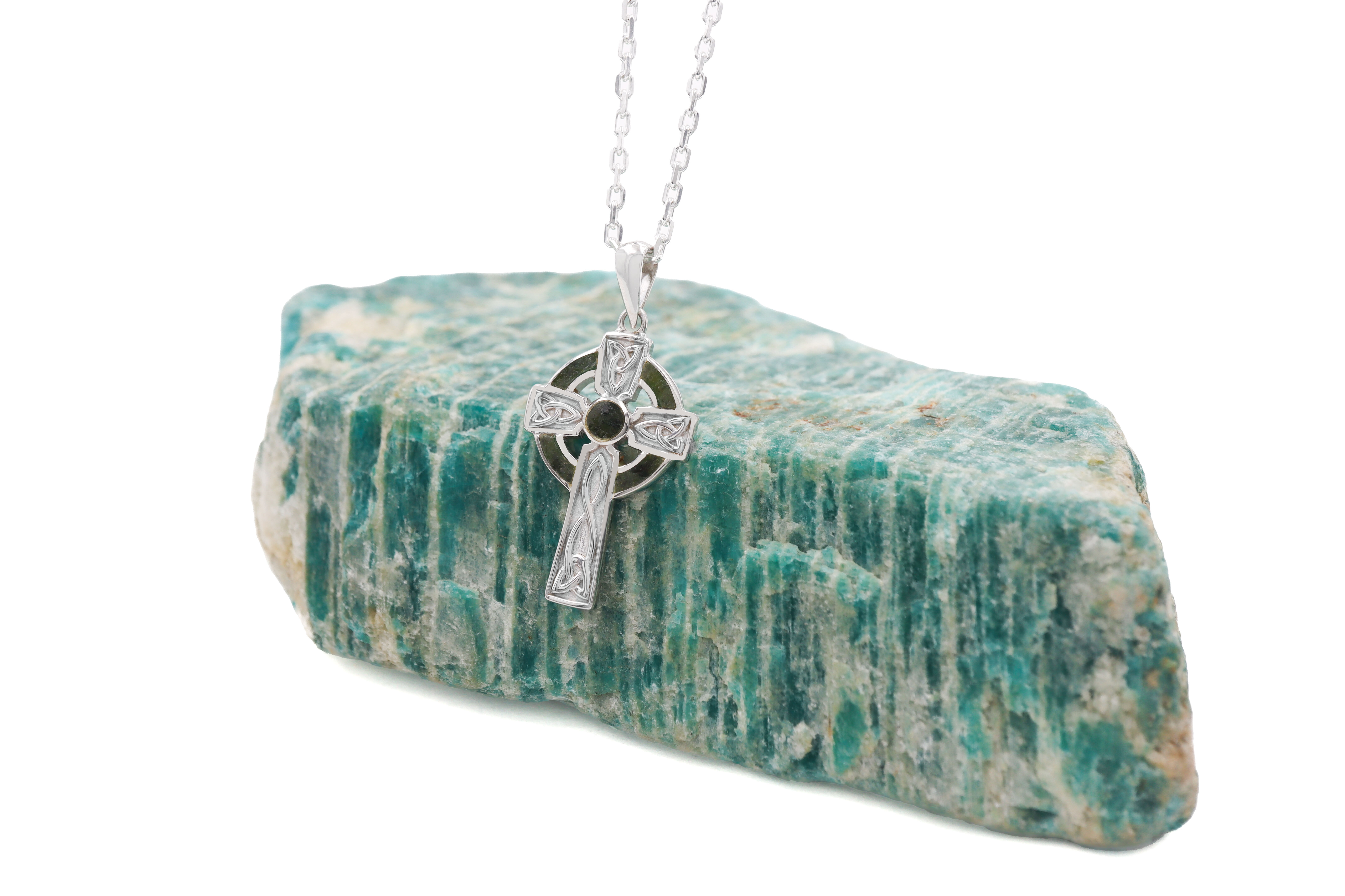Attractive Sterling Silver Celtic Cross & Connemara Marble Necklace For Women