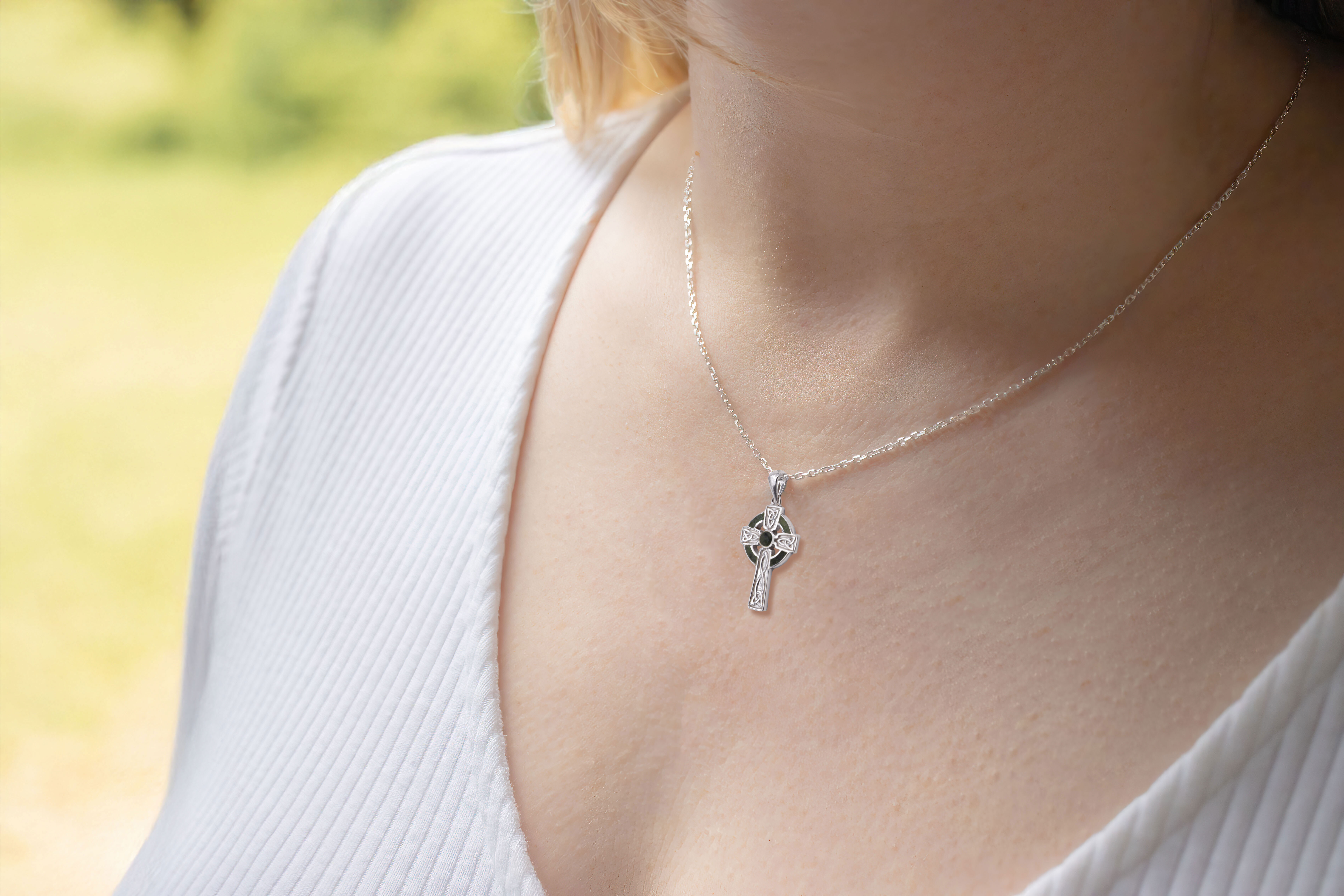 Irish Sterling Silver Celtic Cross Necklace For Women - Model Photo