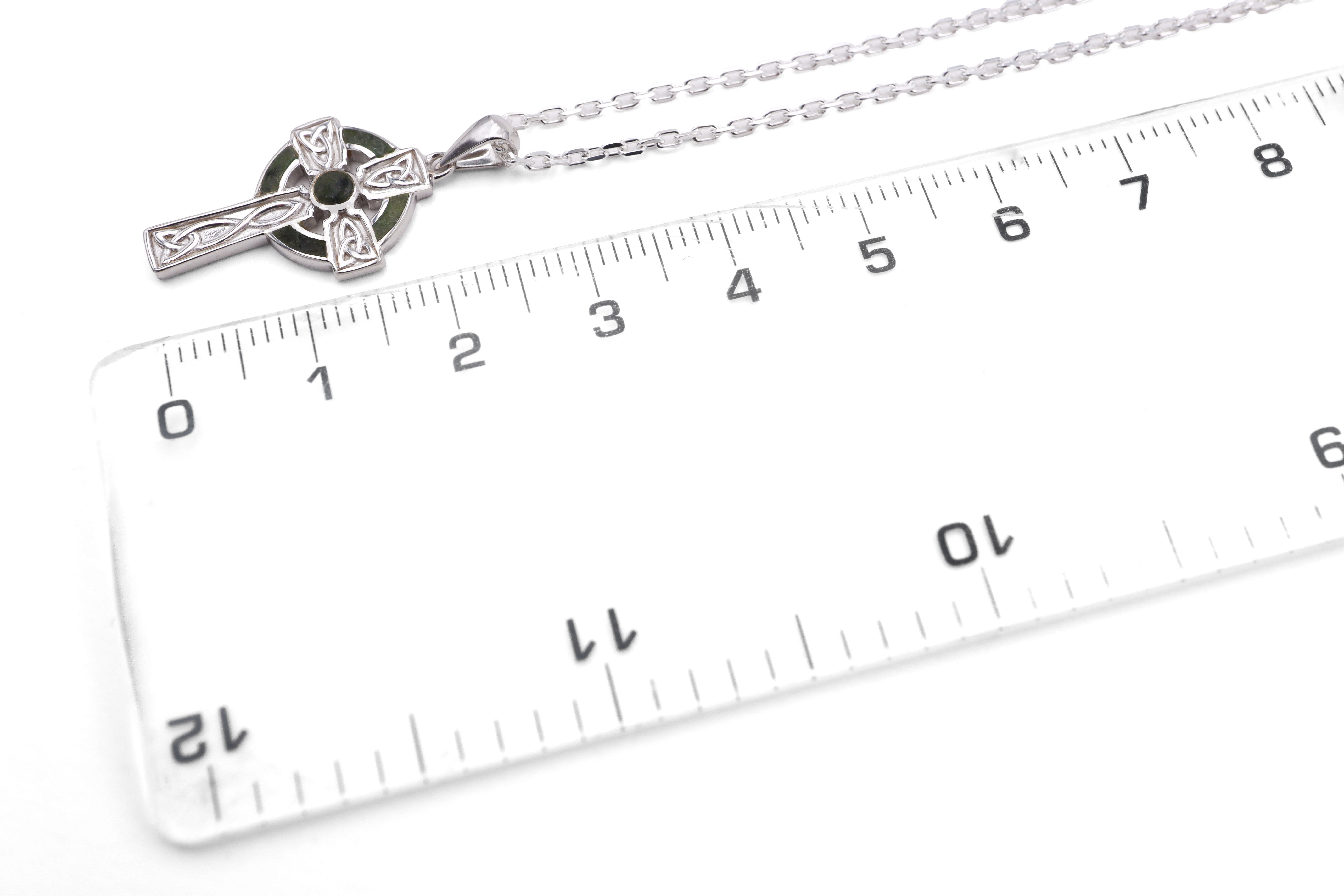 Irish Sterling Silver Celtic Cross & Connemara Marble Necklace For Women. Picture For Scale.