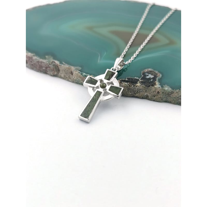 Genuine Sterling Silver Celtic Cross & Connemara Marble Necklace For Women