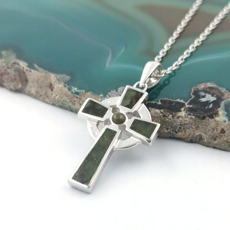 Silver Connemara Marble Set Celtic Cross Pendant