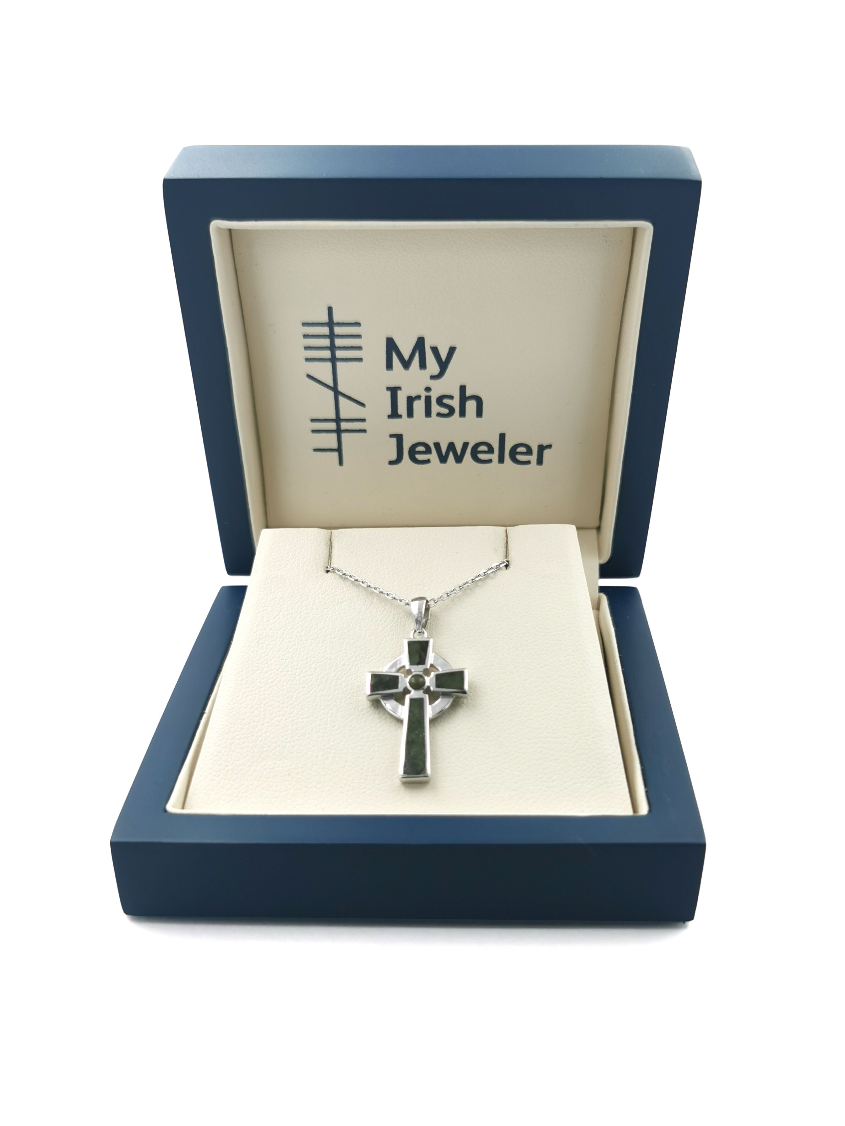 Womens Genuine Sterling Silver Celtic Cross & Connemara Marble Necklace. In Luxury Packaging.