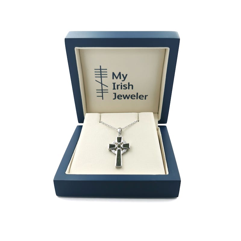 Womens Genuine Sterling Silver Celtic Cross & Connemara Marble Necklace. In Luxury Packaging.