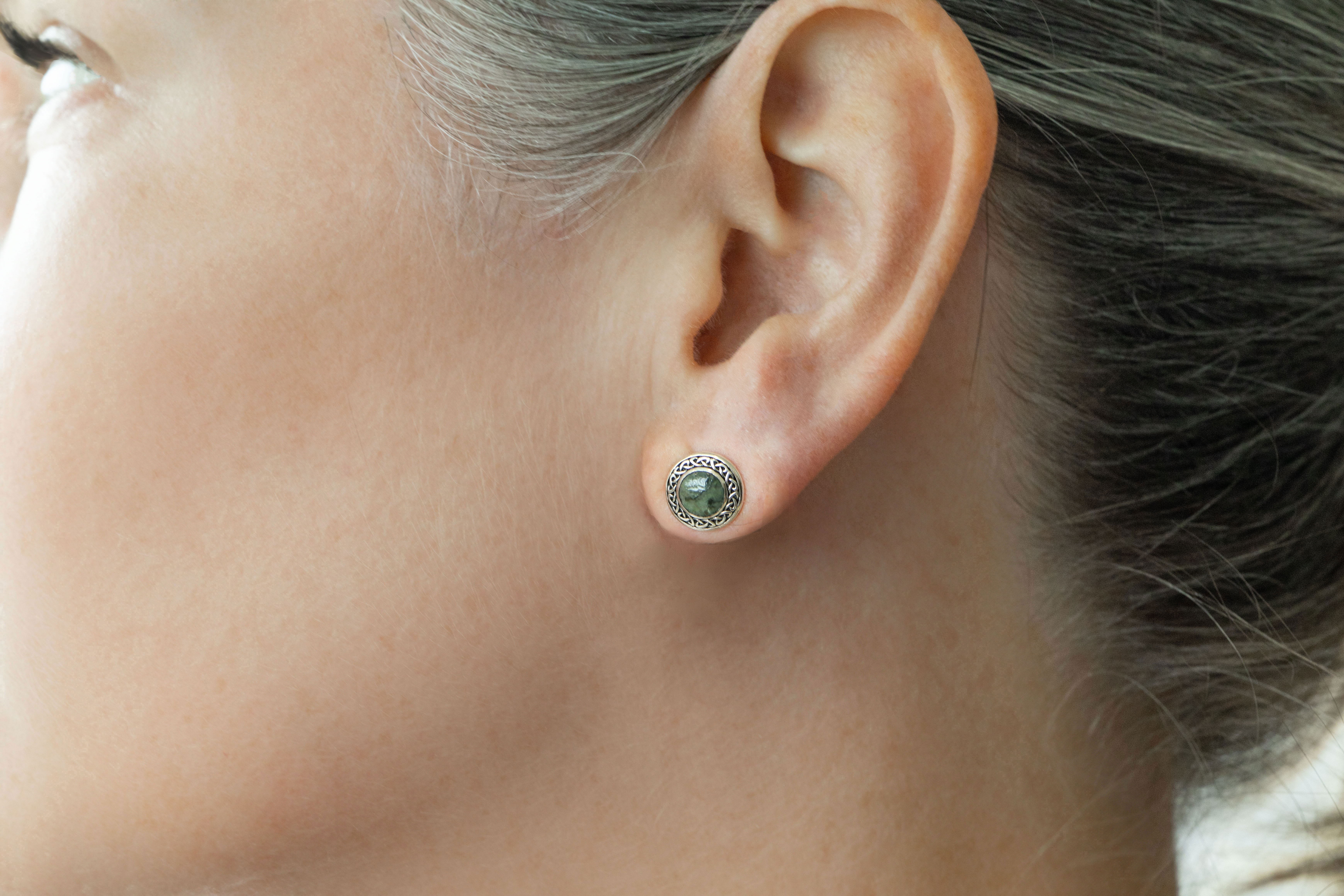 Silver Connemara Marble with Celtic Surround Stud Earrings sku 10345 model