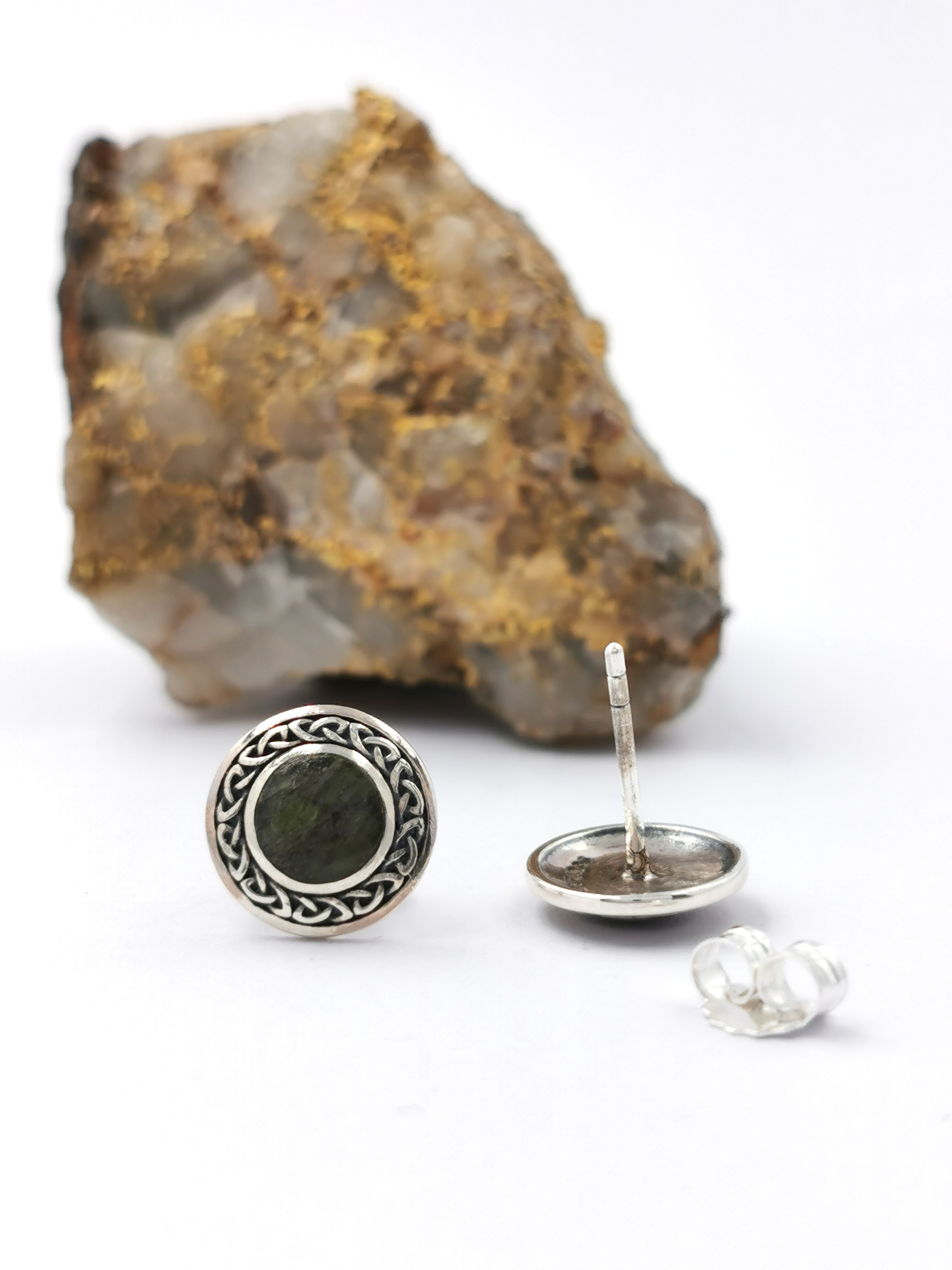 Irish Sterling Silver Connemara Marble Earrings For Women With a Oxidized Finish. Picture Of The Back.