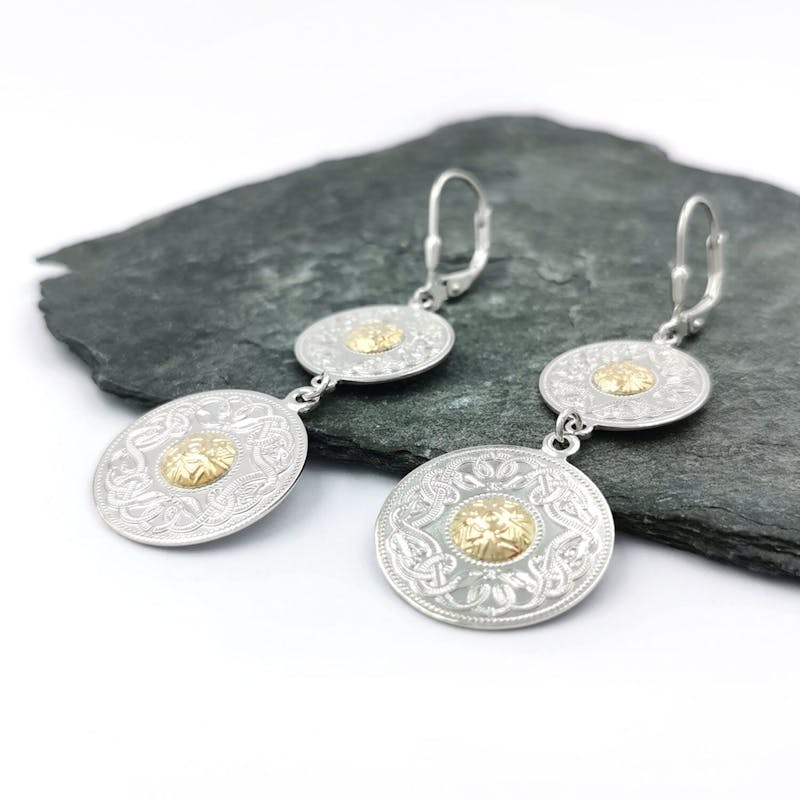 Silver Double Celtic Warrior Earrings with 18K Gold Bead