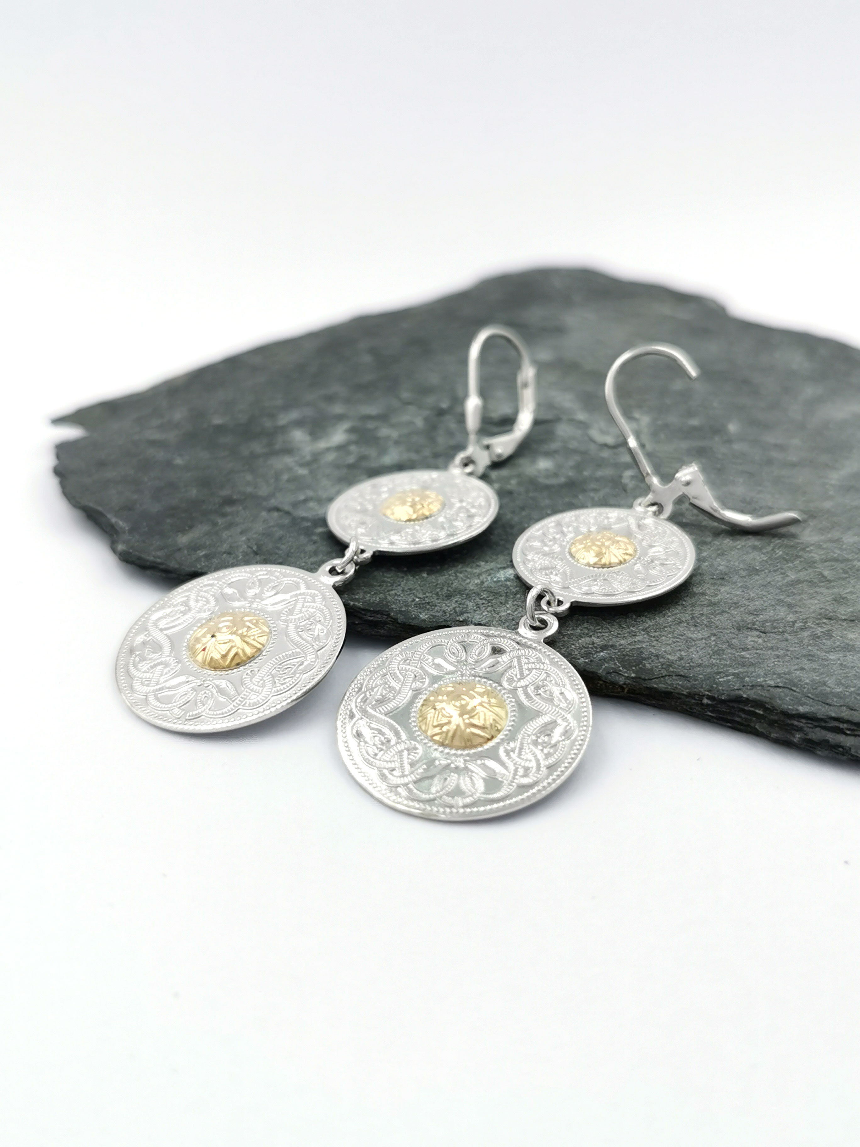 Womens Celtic Warrior & Celtic Knot Earrings in Real Sterling Silver. Photographed Open.