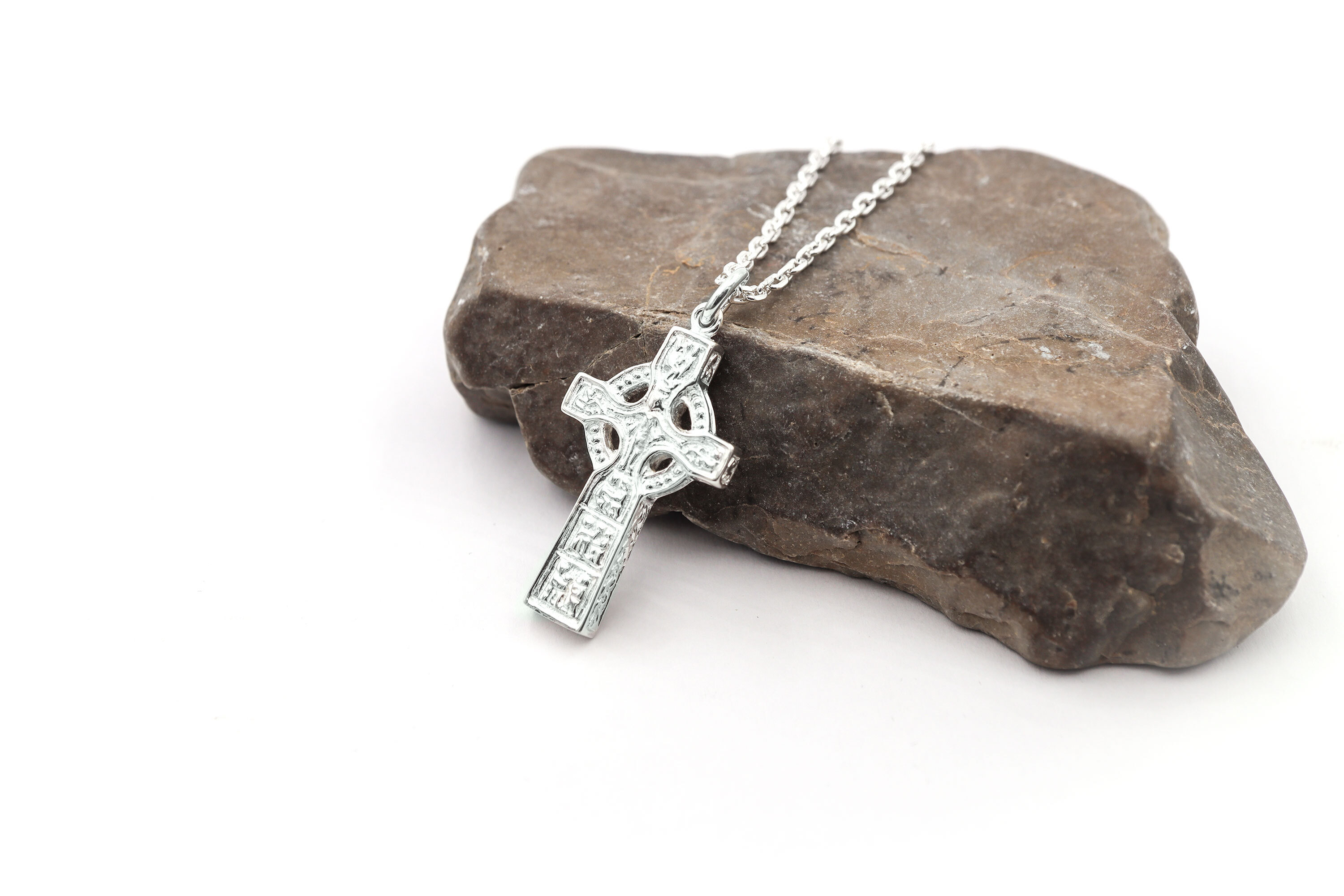 Mens Celtic Cross & High Crosses Of Ireland Necklace in Real Sterling Silver. Side View.