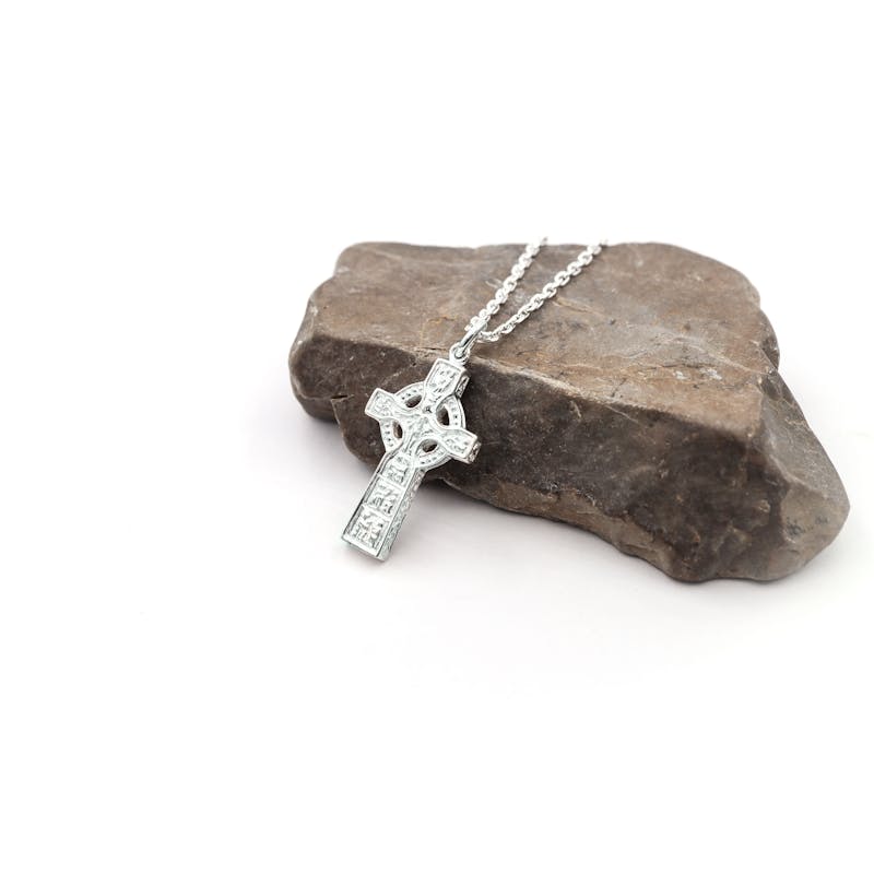 Mens Celtic Cross & High Crosses Of Ireland Necklace in Real Sterling Silver. Side View.