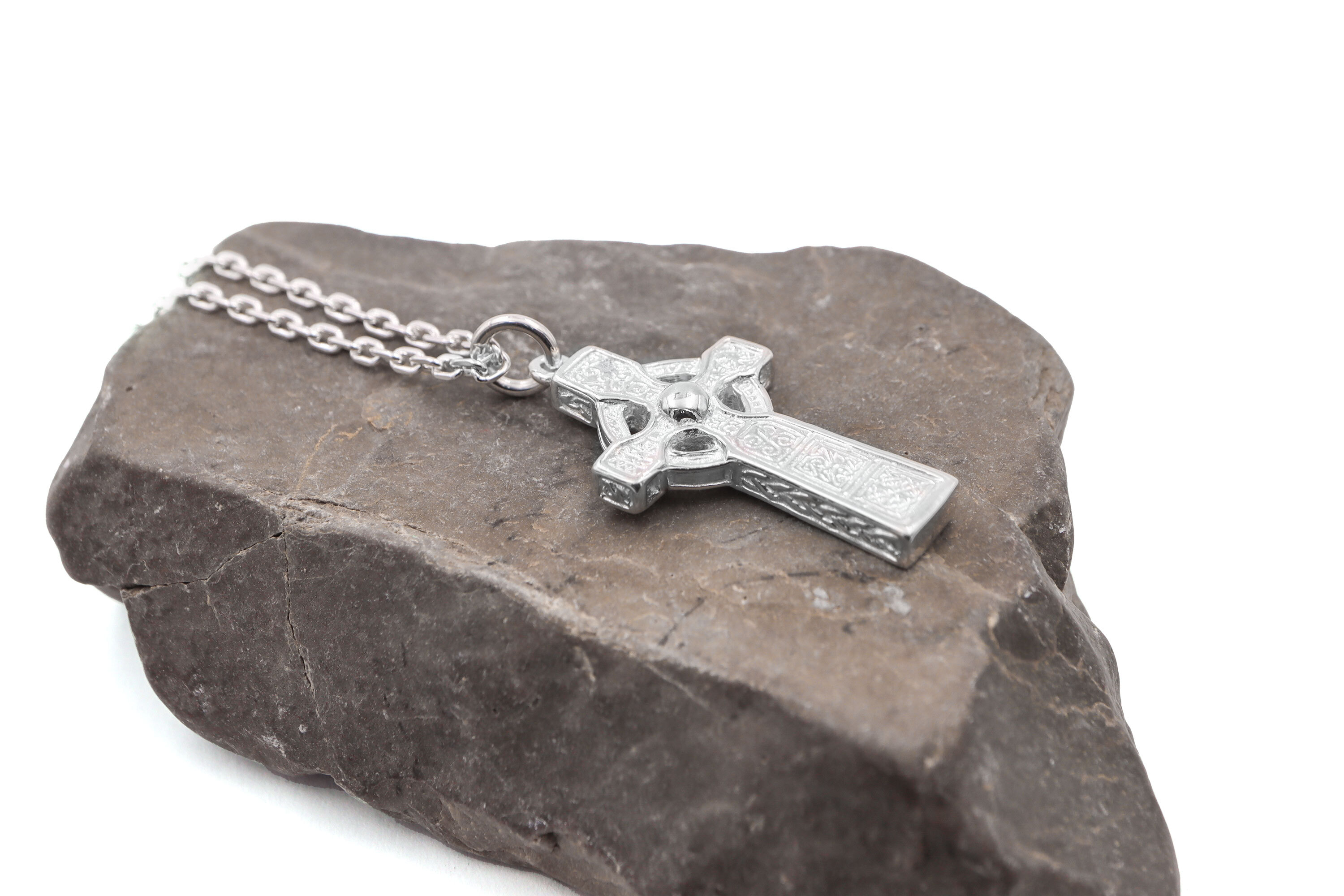 Authentic Sterling Silver Celtic Cross Necklace For Men. Side View.