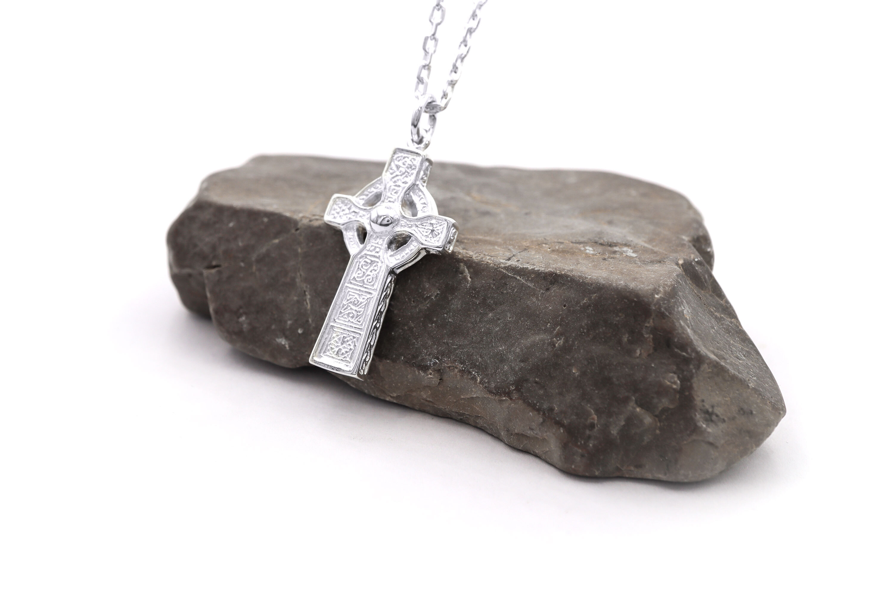 Irish Sterling Silver Celtic Cross Necklace For Men. Side View.