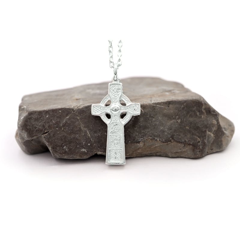 Genuine Sterling Silver Celtic Cross & High Crosses Of Ireland Necklace For Men. Side View.