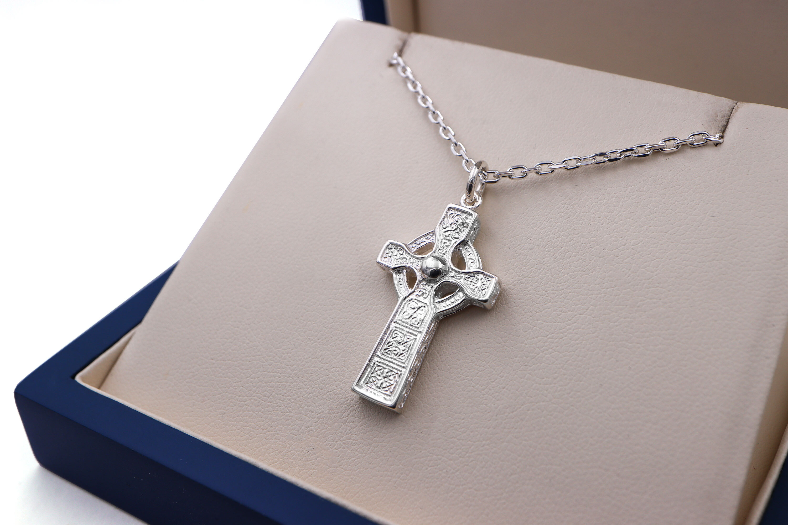 Attractive Sterling Silver Celtic Cross & High Crosses Of Ireland Necklace For Men. Side View.