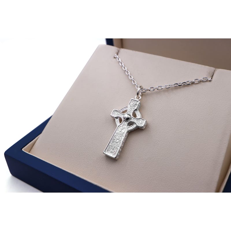 Attractive Sterling Silver Celtic Cross & High Crosses Of Ireland Necklace For Men. Side View.