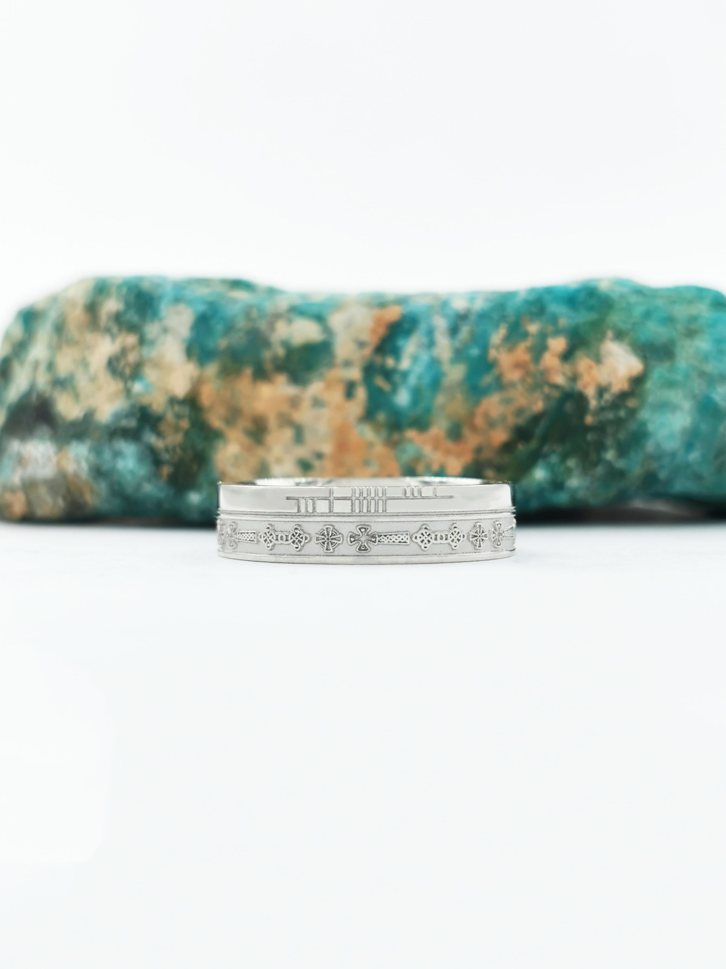 Gorgeous Platinum 600 Celtic Cross & Ogham 7.3mm Ring With a Florentine Finish. Pictured Flat.