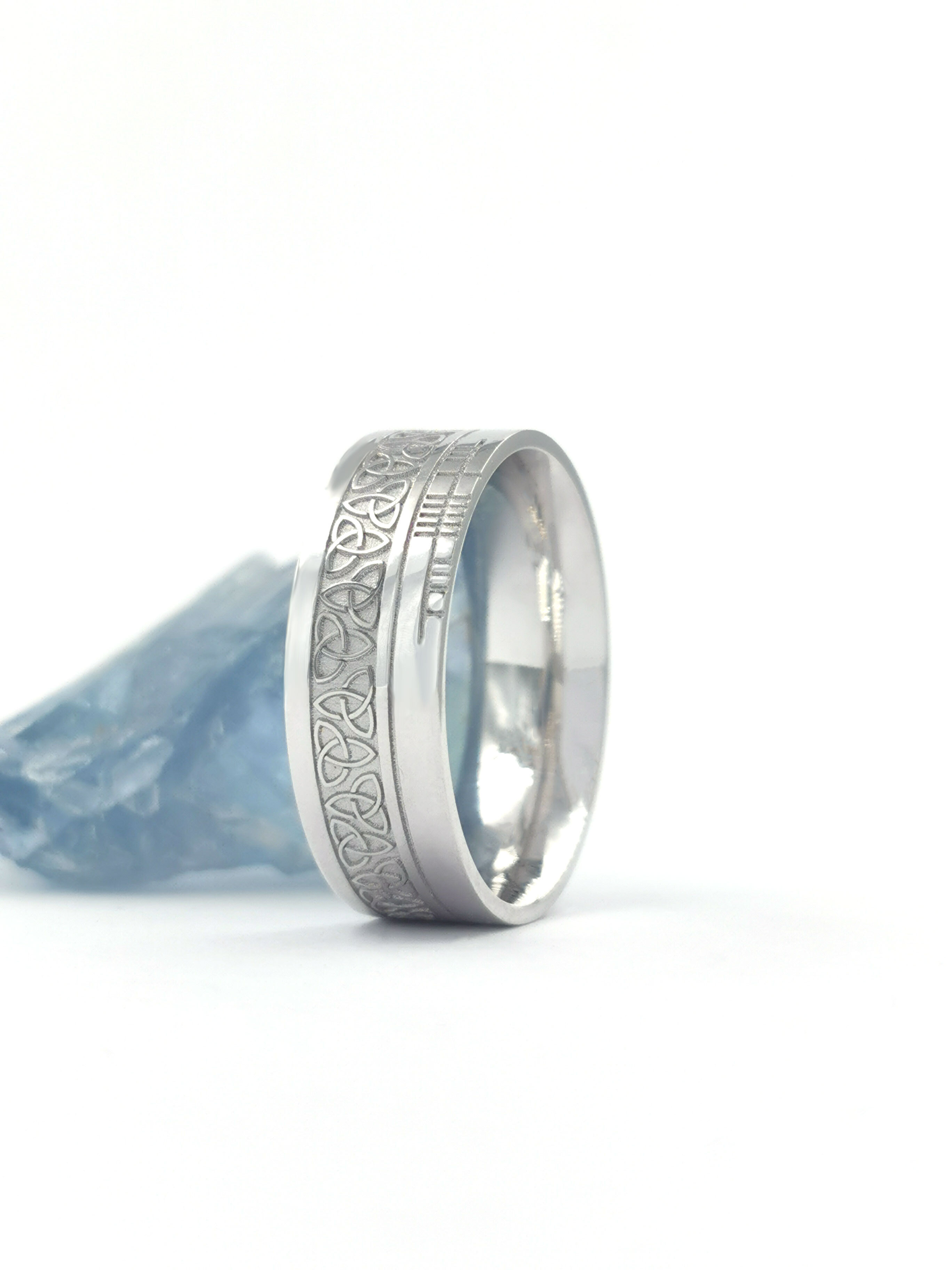 Florentine Ogham & Trinity Knot 7.3mm Ring in Real Platinum 950