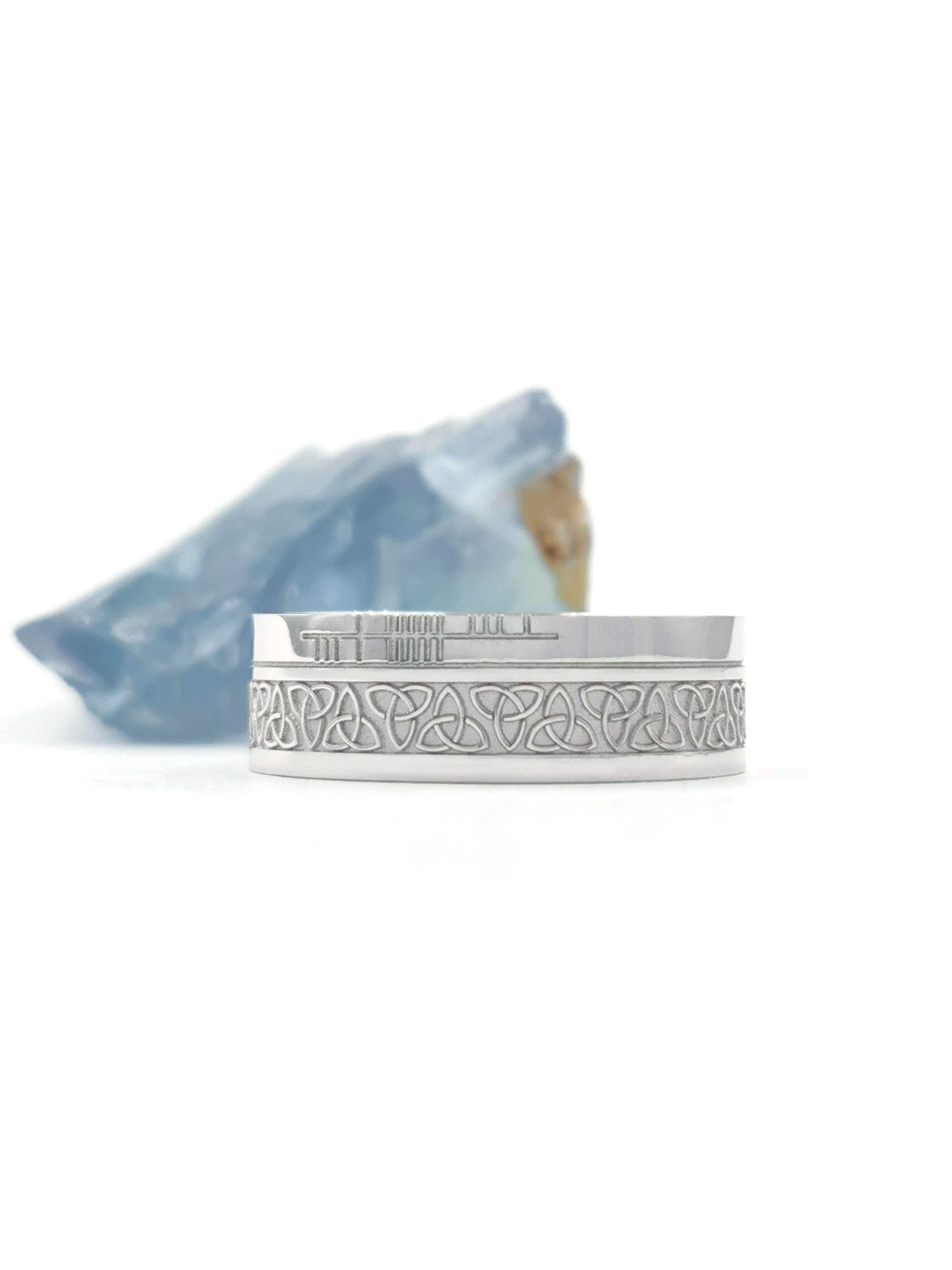 Ogham & Trinity Knot 7.3mm Ring in Platinum 950 With a Florentine Finish