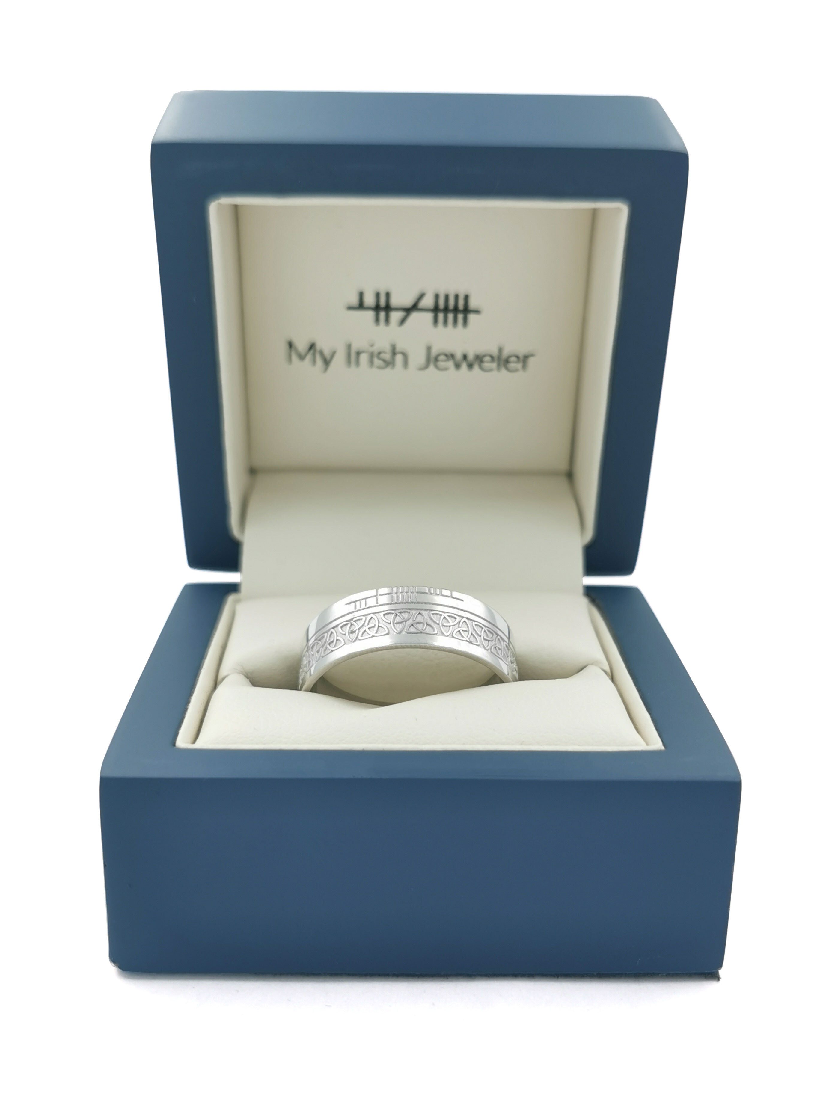 Ogham 7.3mm Ring in Platinum 950 With a Florentine Finish. In Luxury Packaging.