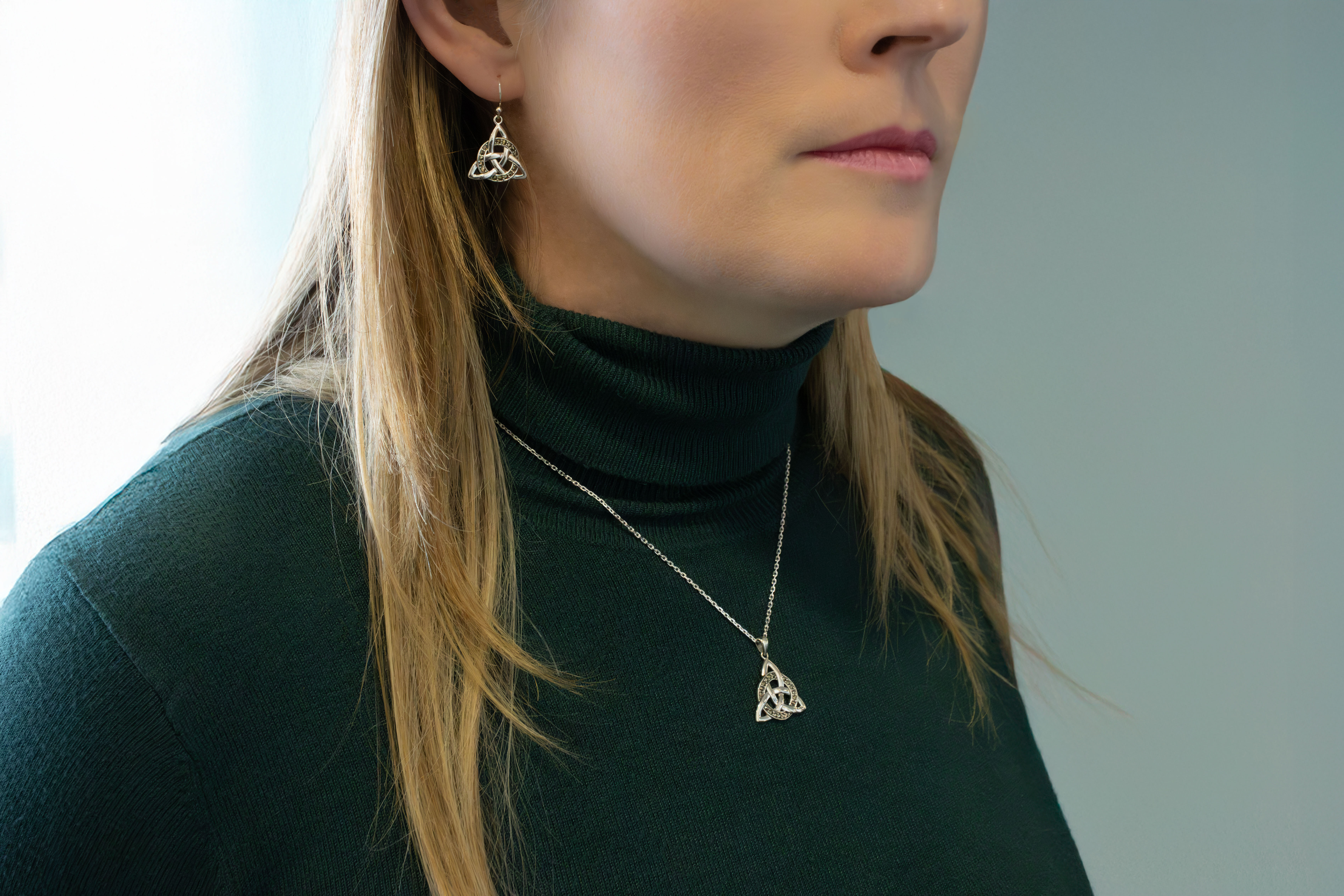 Silver Marcasite Trinity Knot Necklace and Drop Earring Set Sku 23067