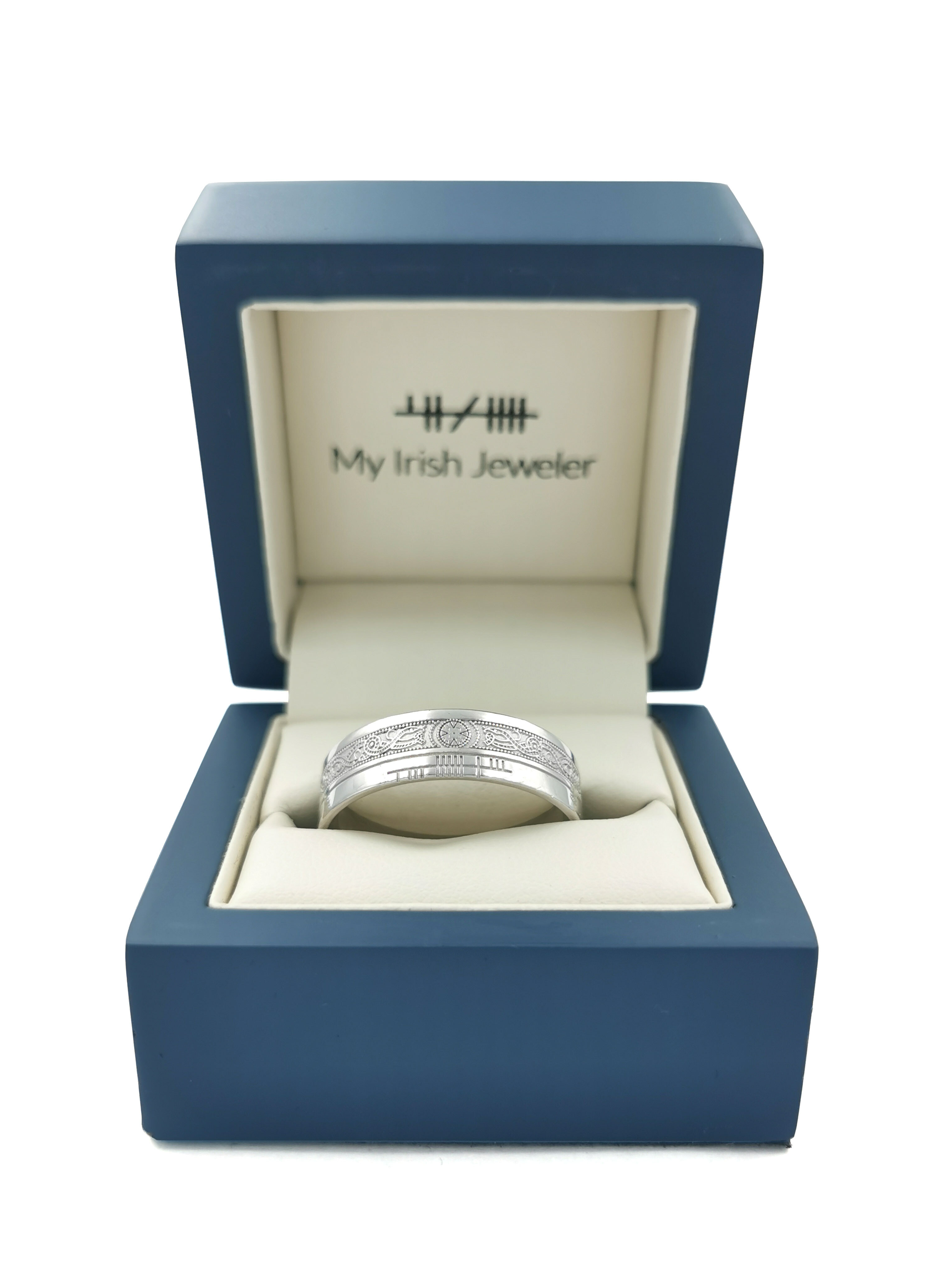 Florentine Platinum 950 Ogham & Celtic Warrior 5.2mm Ring. Picture For Scale.