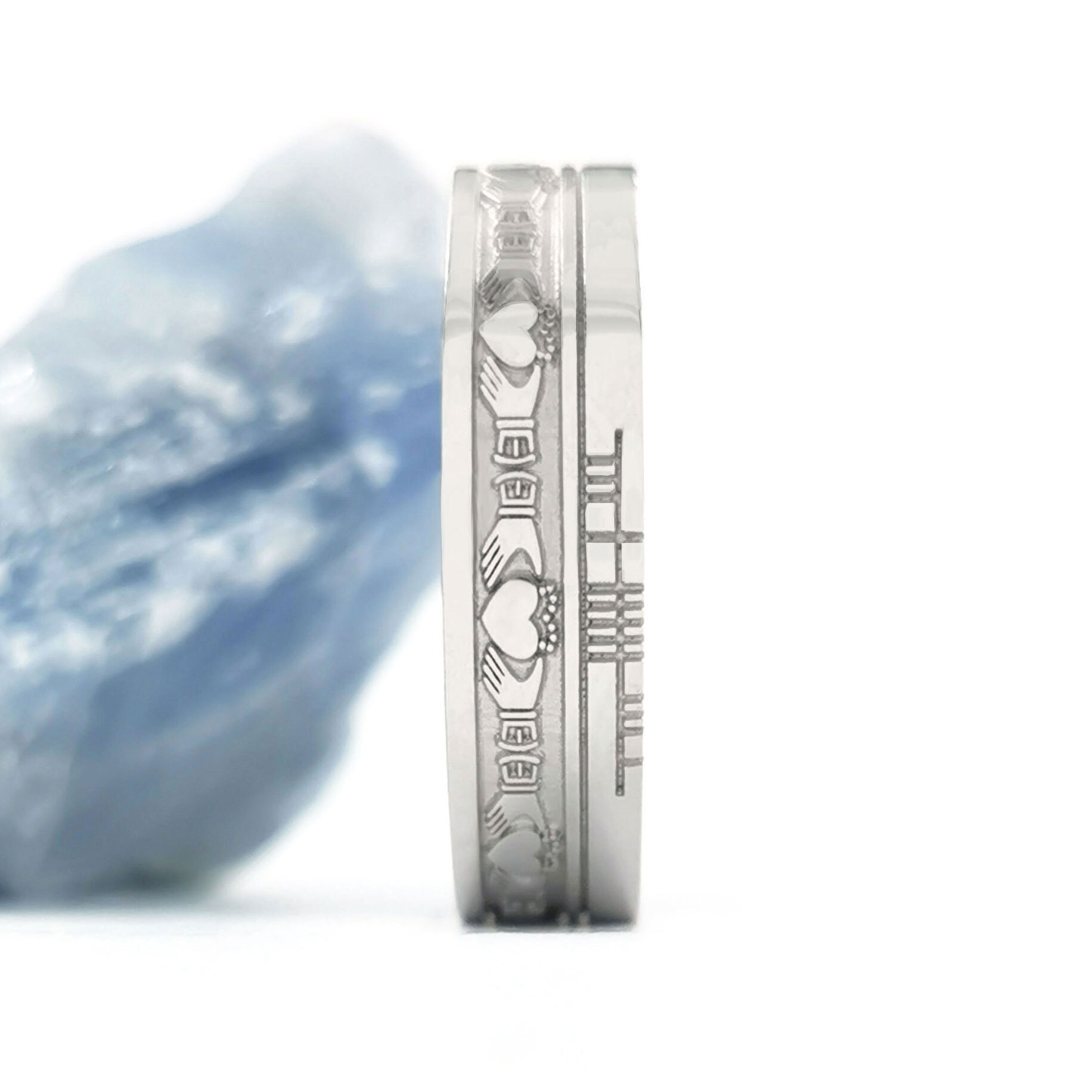 Ogham & Claddagh 5.2mm Ring in Platinum 950 With a Florentine Finish