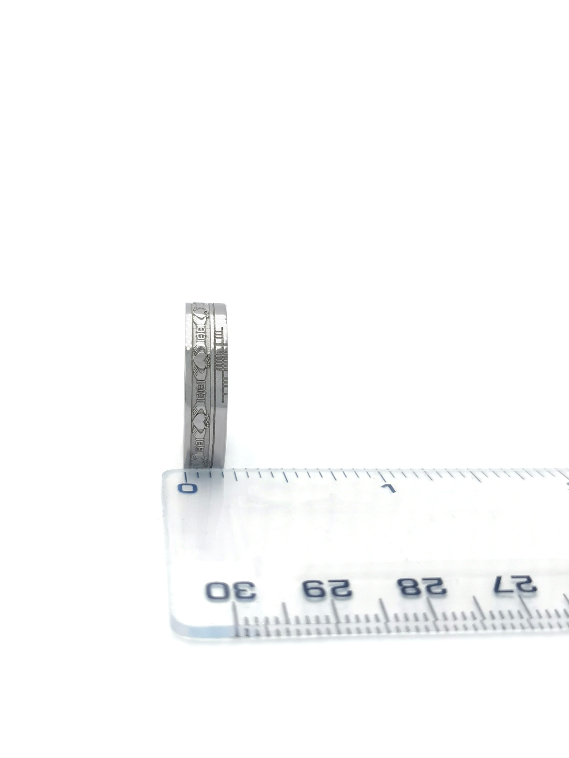 Florentine Ogham & Claddagh 7.3mm Ring in Real White Gold. Picture For Scale.