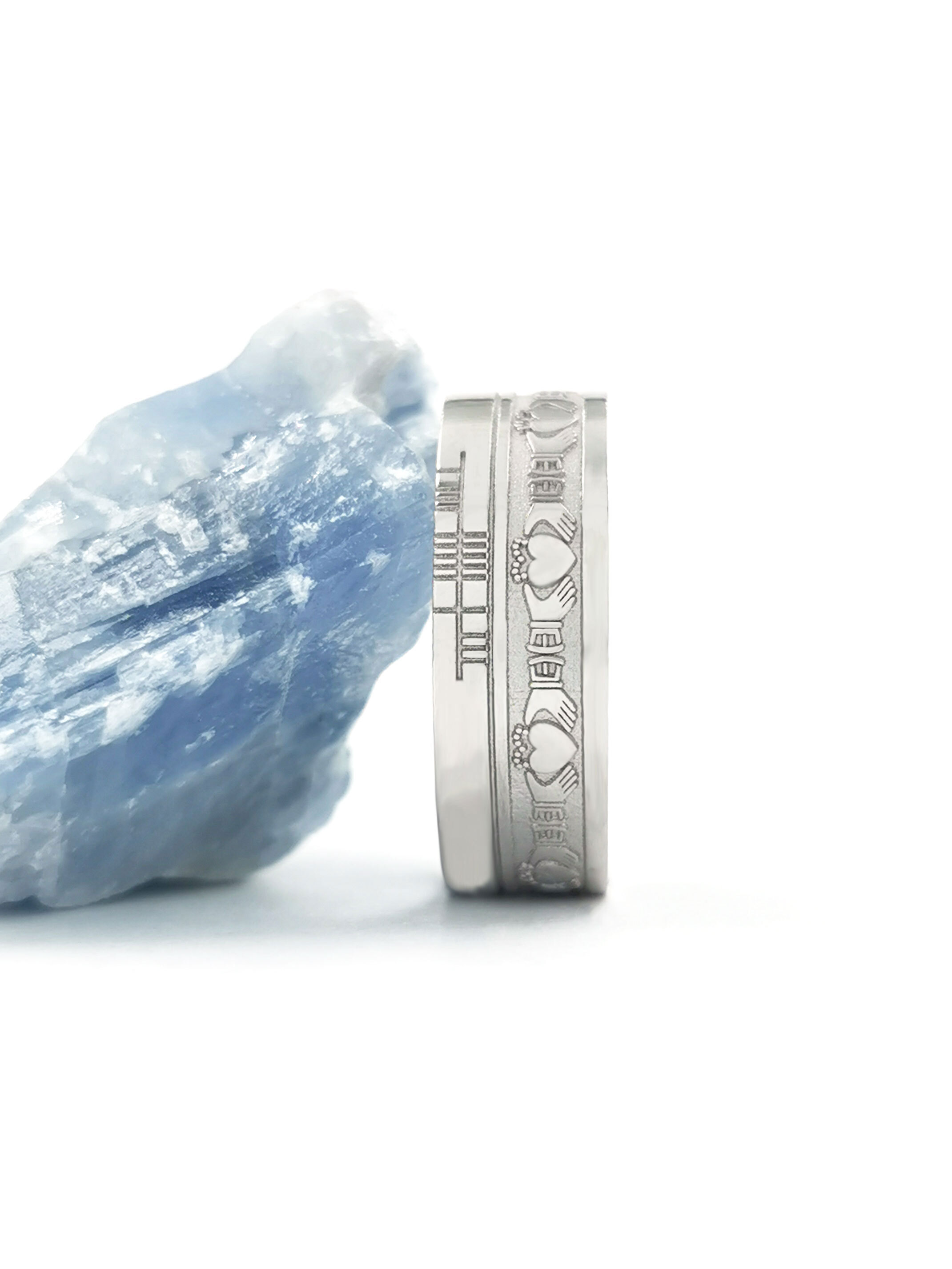 Authentic Platinum 950 Ogham & Claddagh 7.3mm Ring With a Florentine Finish