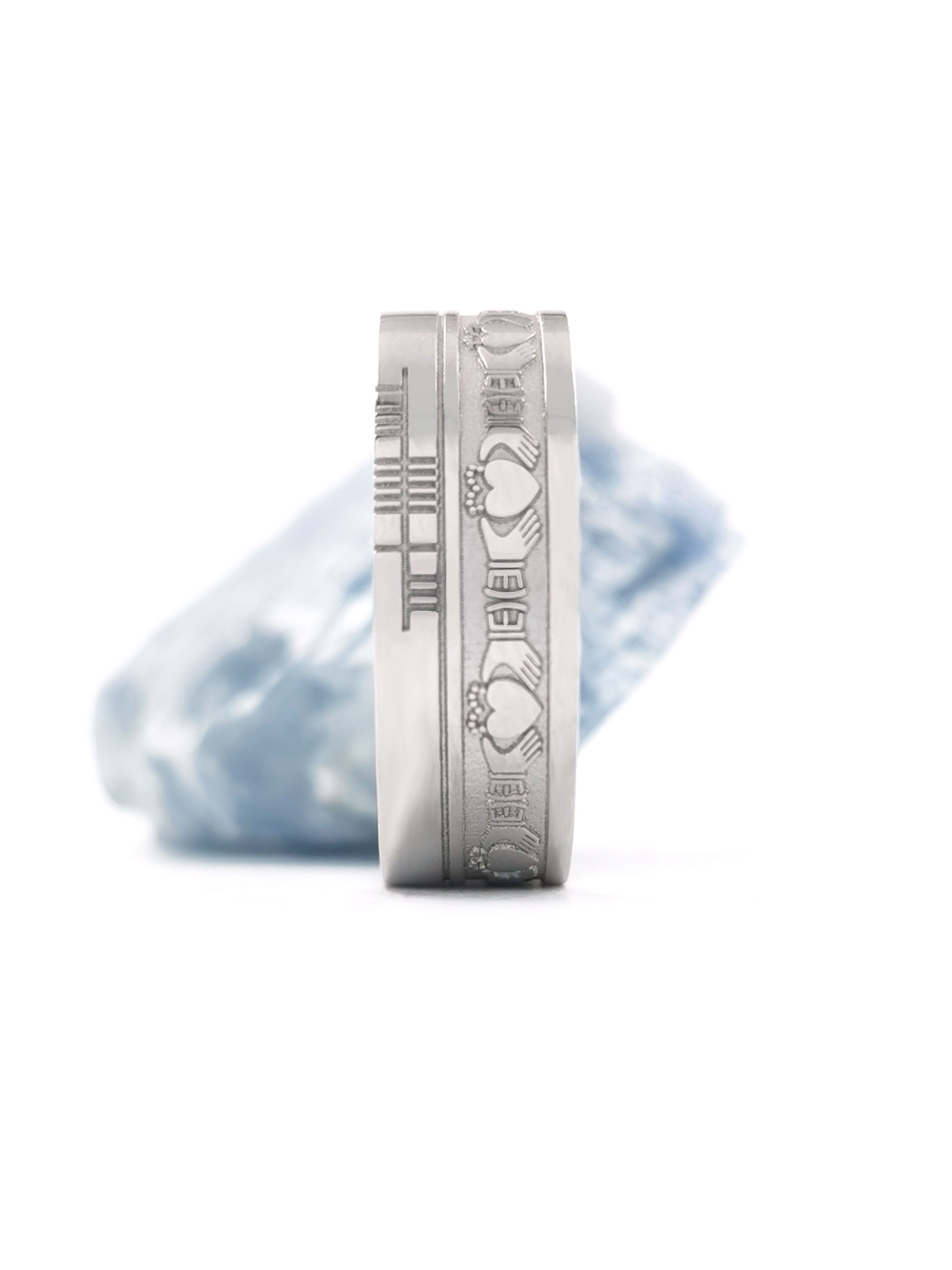Luxurious Platinum 950 Ogham & Claddagh 7.3mm Ring With a Florentine Finish