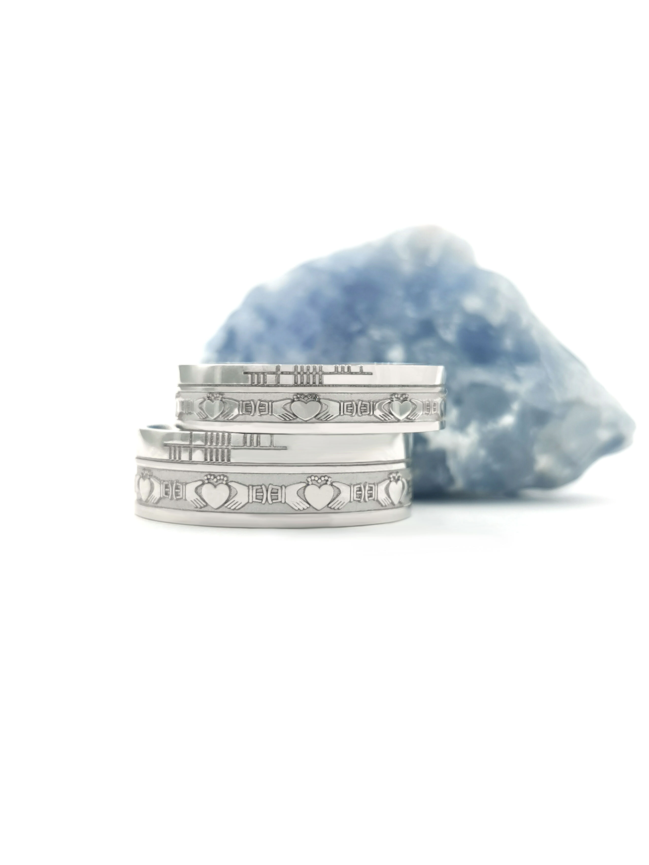 Attractive Platinum 950 Ogham & Claddagh Ring With a Florentine Finish