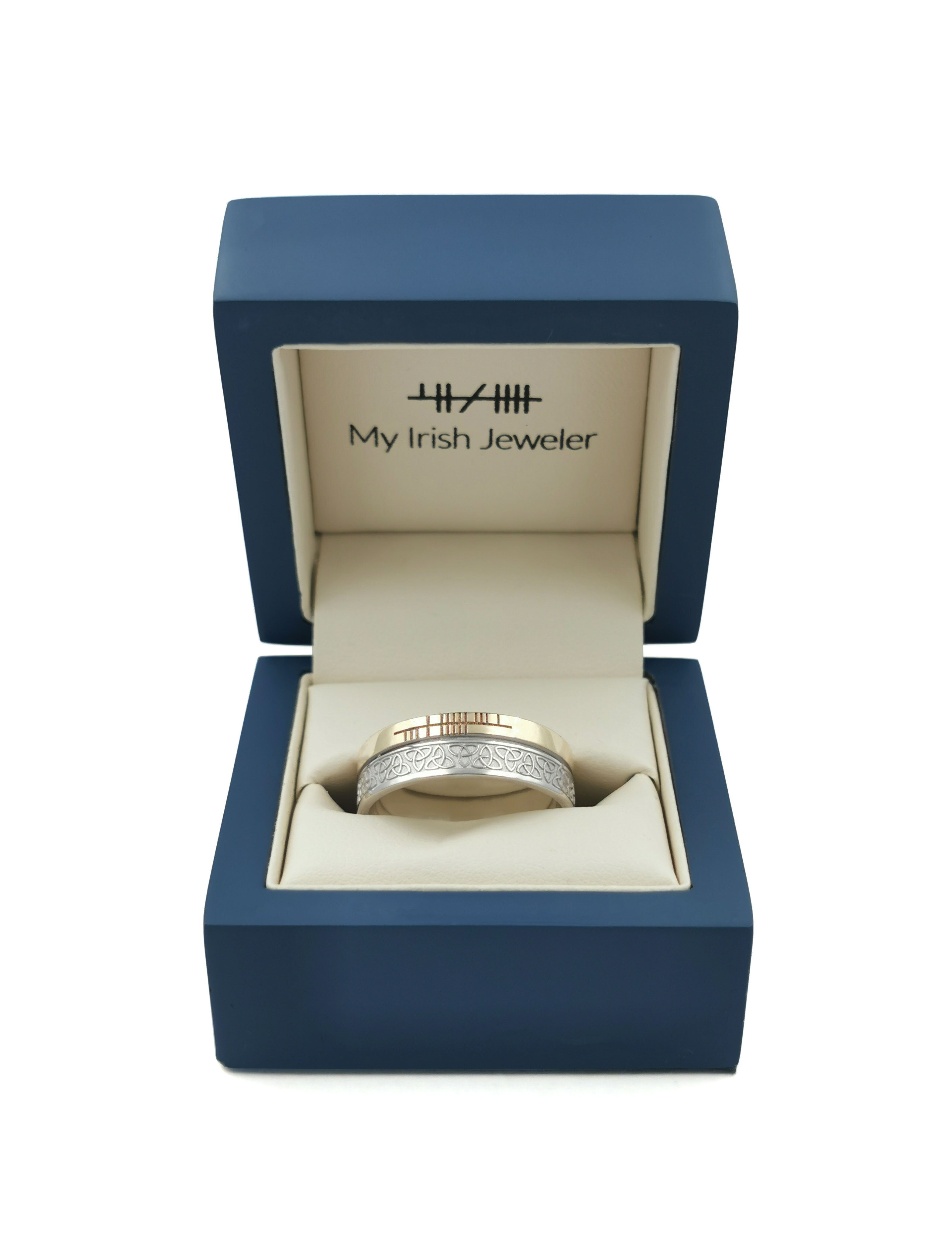 Attractive 10K White Gold & Yellow Gold Ogham & Trinity Knot 7.3mm Ring With a Florentine Finish. In Luxury Packaging.