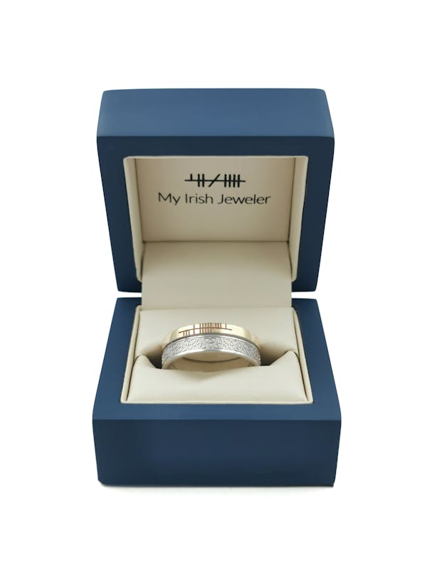 Attractive 10K White Gold & Yellow Gold Ogham & Trinity Knot 7.3mm Ring With a Florentine Finish. In Luxury Packaging.