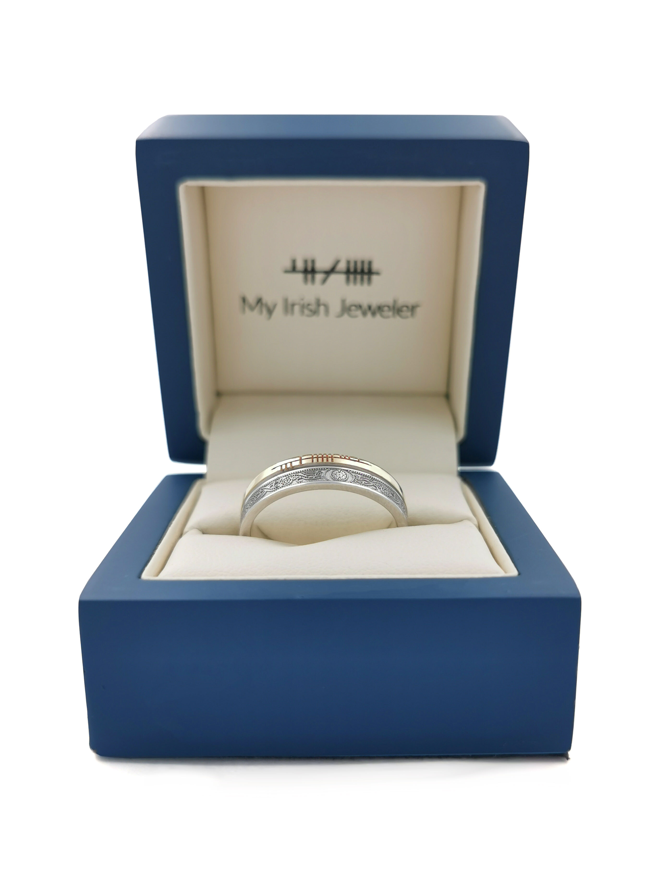 Genuine White Gold & Yellow Gold Ogham & Celtic Warrior 5.2mm Ring With a Florentine Finish. In Luxury Packaging.