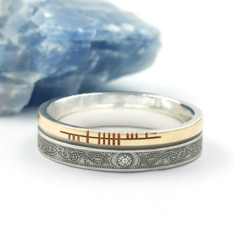 Florentine Ogham & Celtic Warrior Customizable 7.3mm Ring in Real 10K White Gold & Yellow Gold