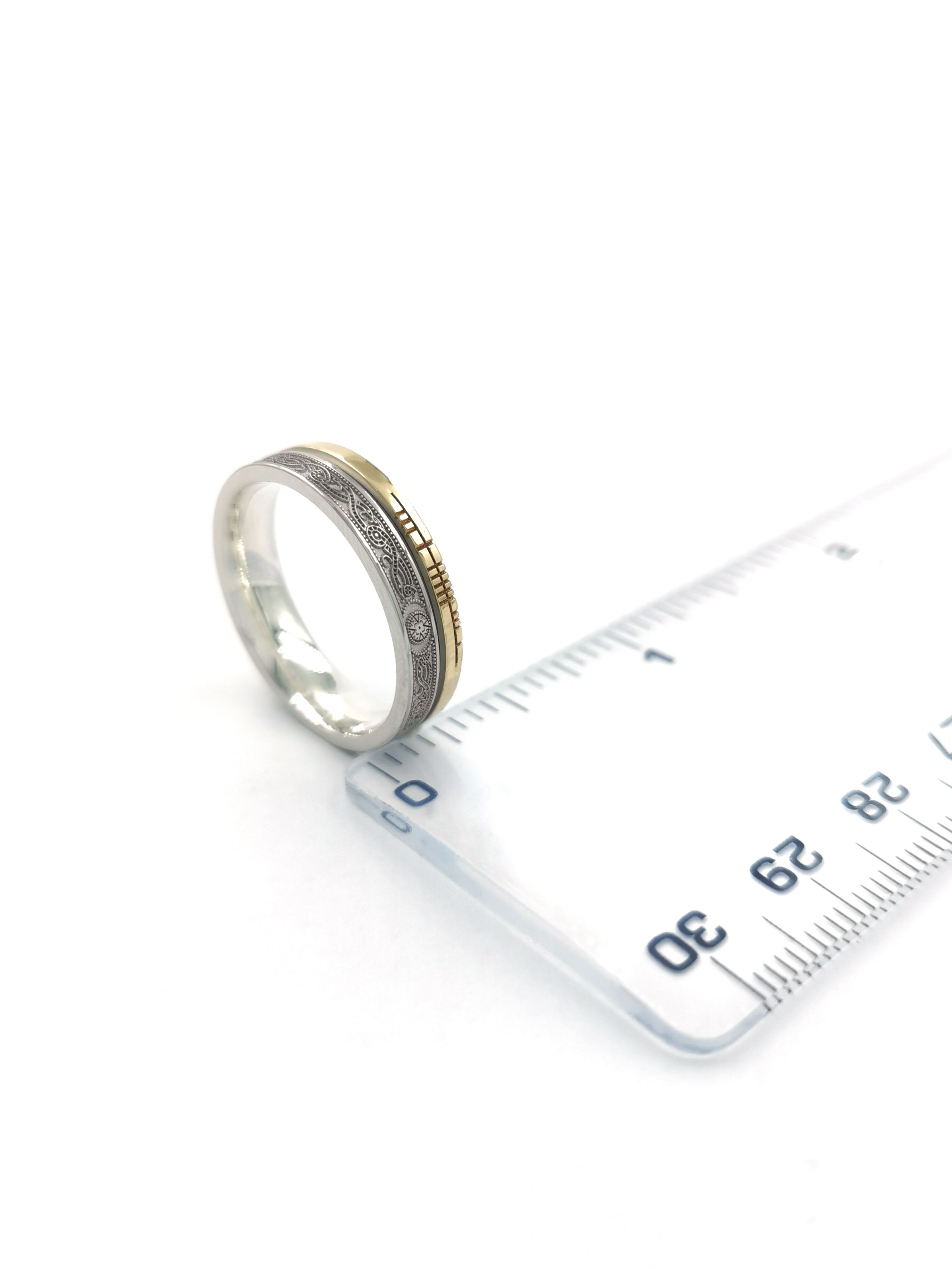 Florentine Sterling Silver & 10K Yellow Gold Ogham & Celtic Warrior 7.3mm Ring. Picture For Scale.