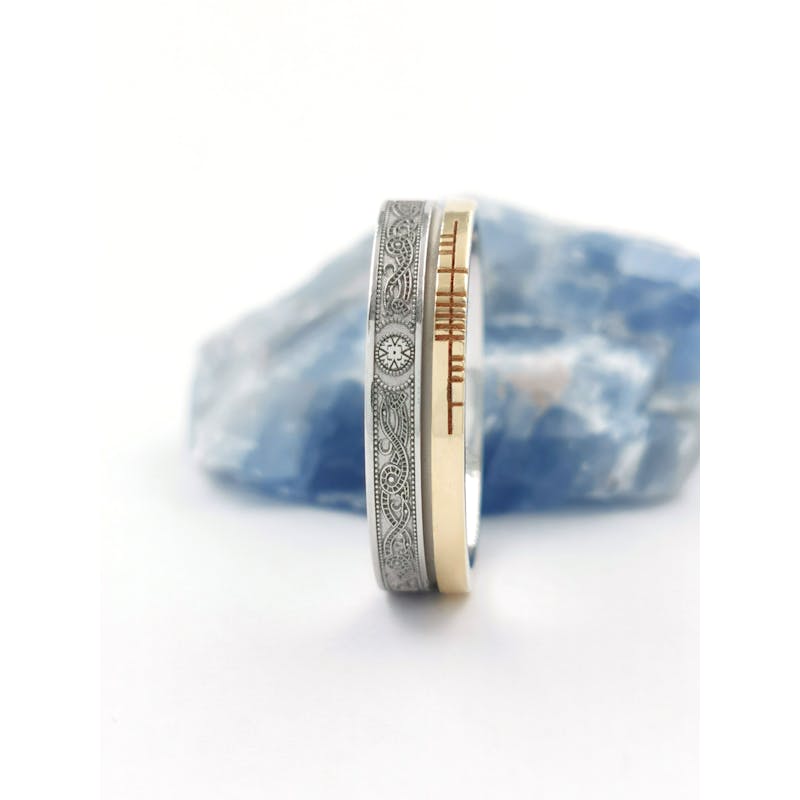 Gorgeous White Gold & Yellow Gold Ogham Wedding Ring With a Florentine Finish