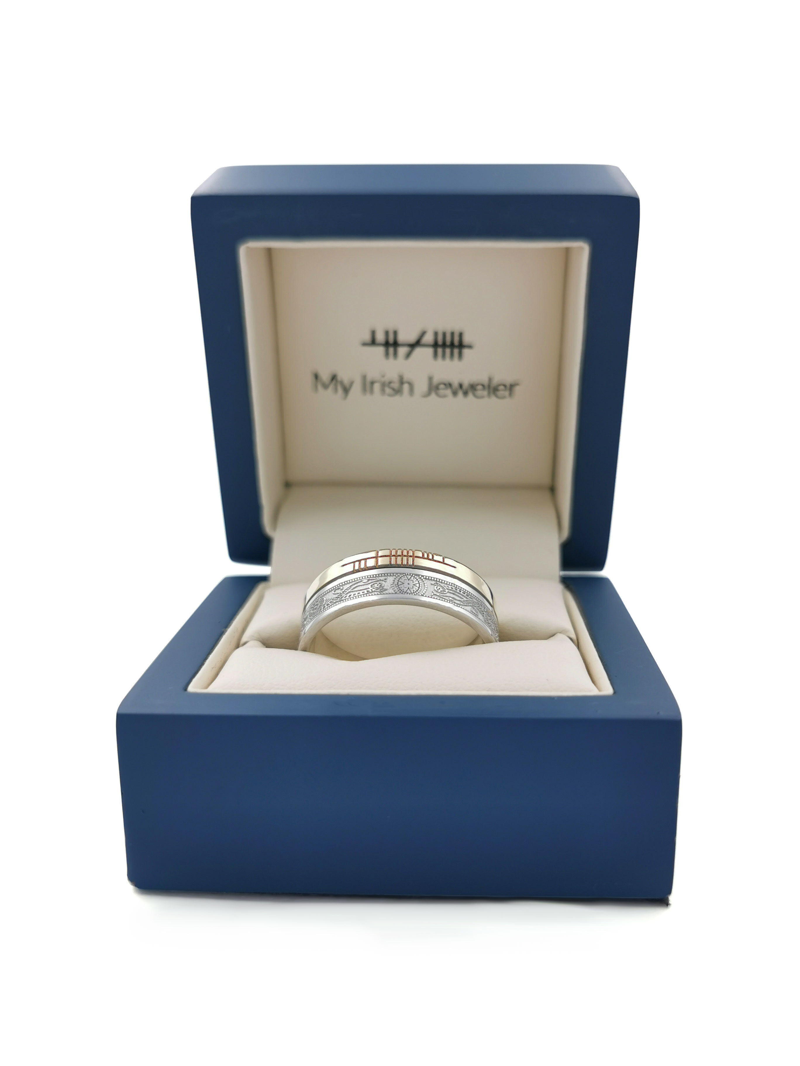 Striking Florentine 10K White Gold & Yellow Gold Ogham Customizable 7.3mm Ring. In Luxury Packaging.