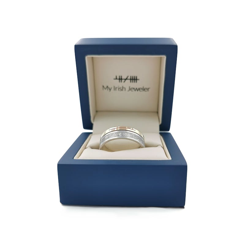 Striking Florentine 10K White Gold & Yellow Gold Ogham Customizable 7.3mm Ring. In Luxury Packaging.