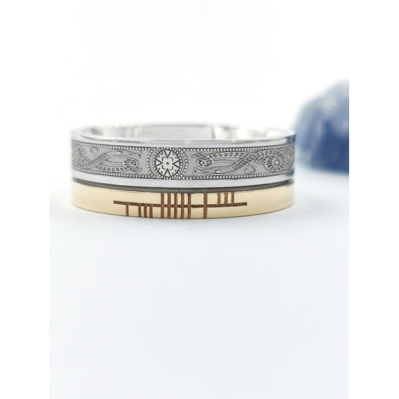 Florentine Ogham Personalizable 7.3mm Ring in Real White Gold & Yellow Gold. Pictured Flat.