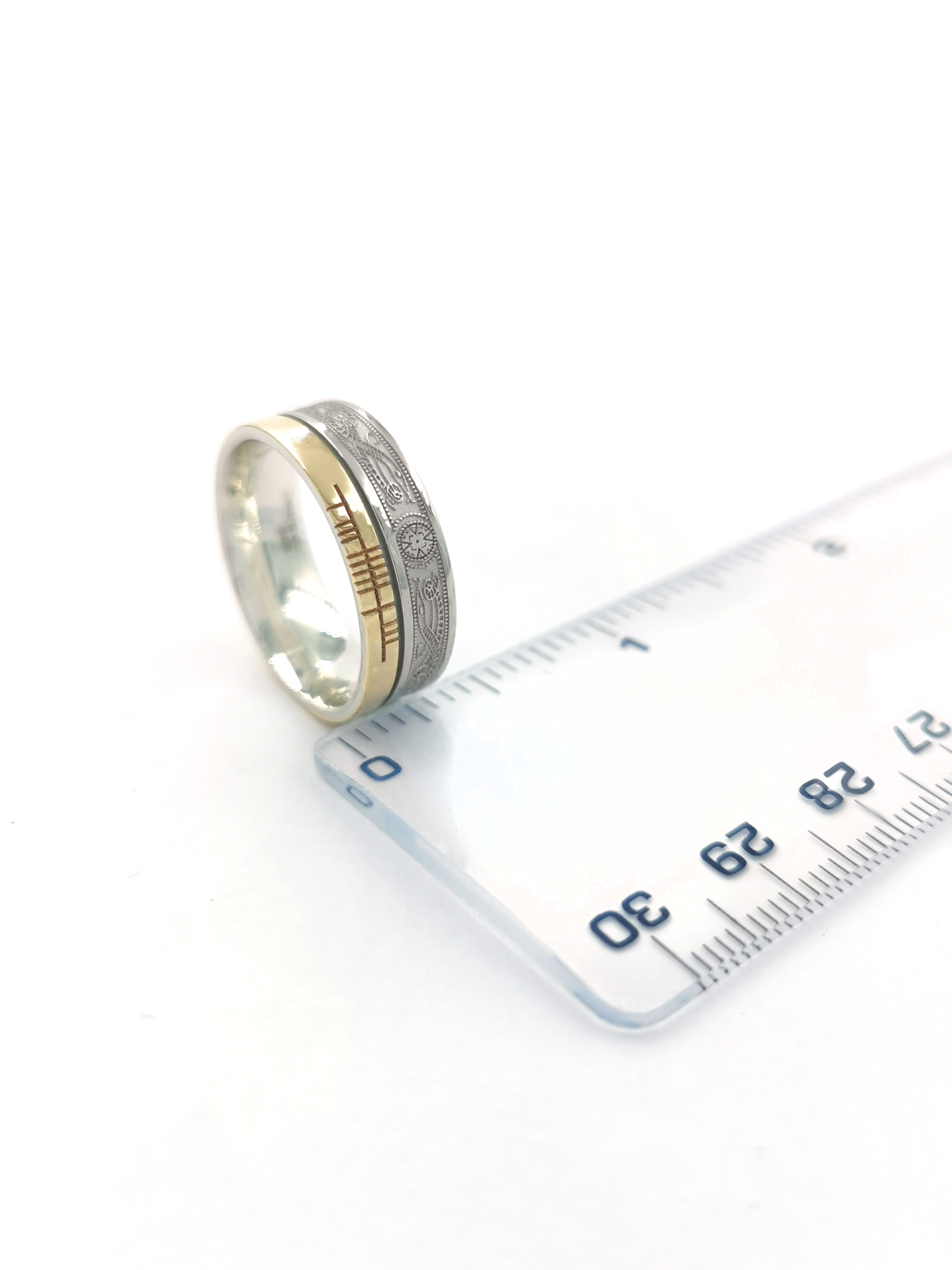 Florentine White Gold & Yellow Gold Ogham 5.2mm Ring. Picture For Scale.
