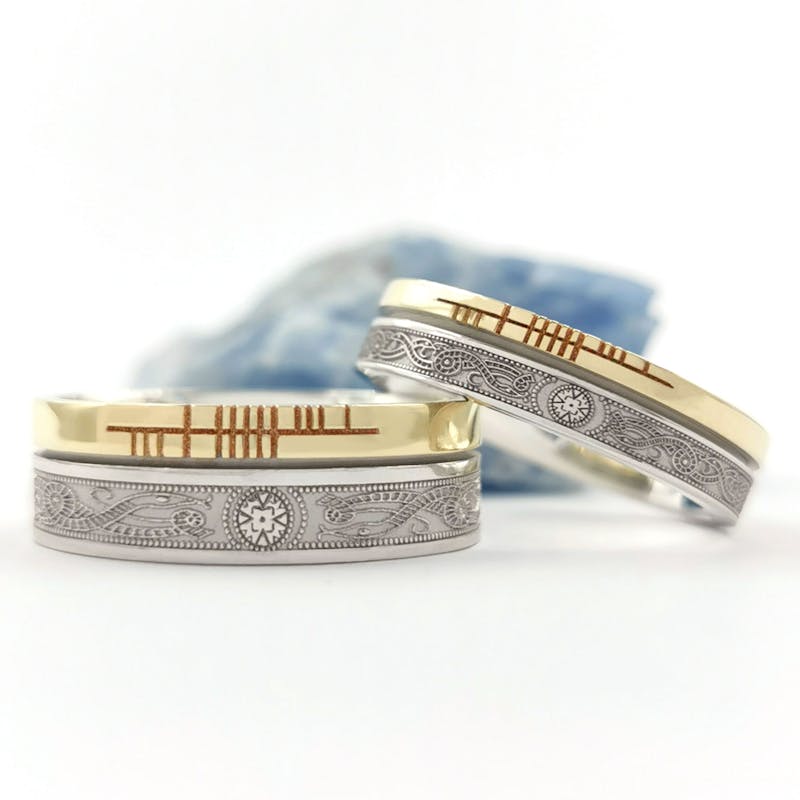 Customizable Florentine White Gold & Yellow Gold Ogham & Celtic Warrior Personalizable 7.3mm Ring