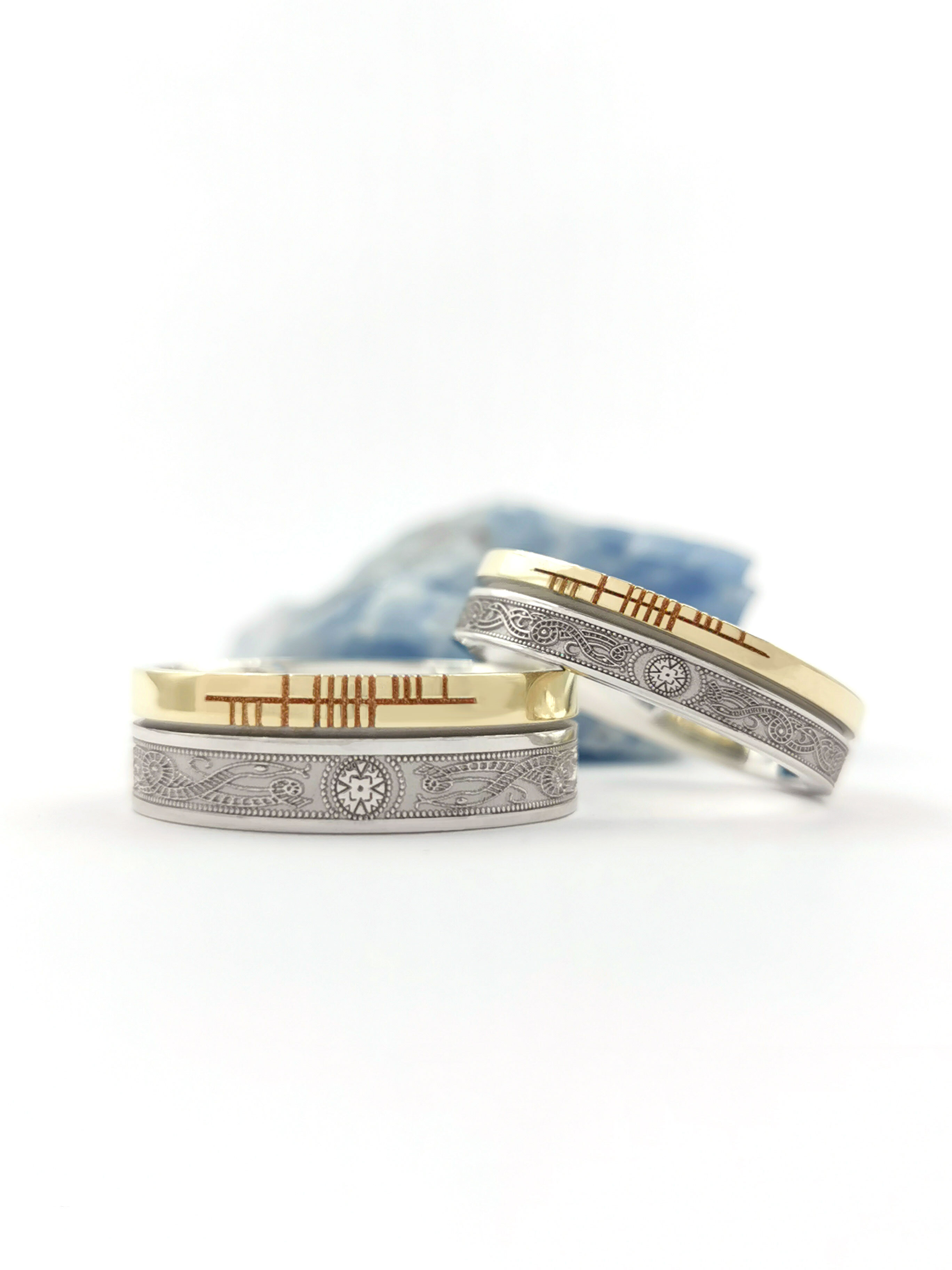 Striking 10K White Gold & Yellow Gold Ogham & Celtic Warrior Engravable 7.3mm Ring With a Florentine Finish